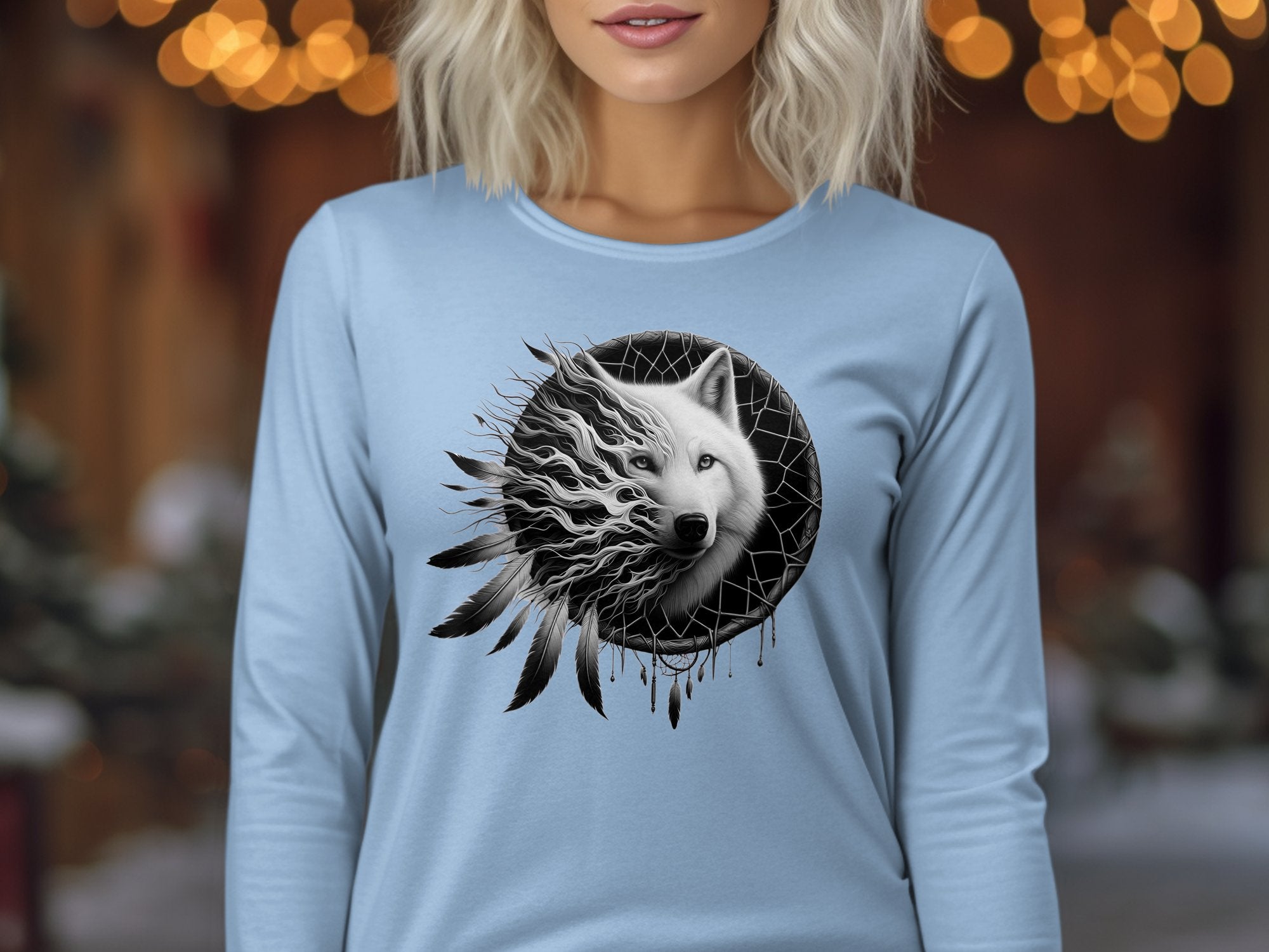 Dreamcatcher Wolf - Coloured Gildan Long Sleeve Realistic Native American Talisman Unisex Mythology Tee Graphic Design