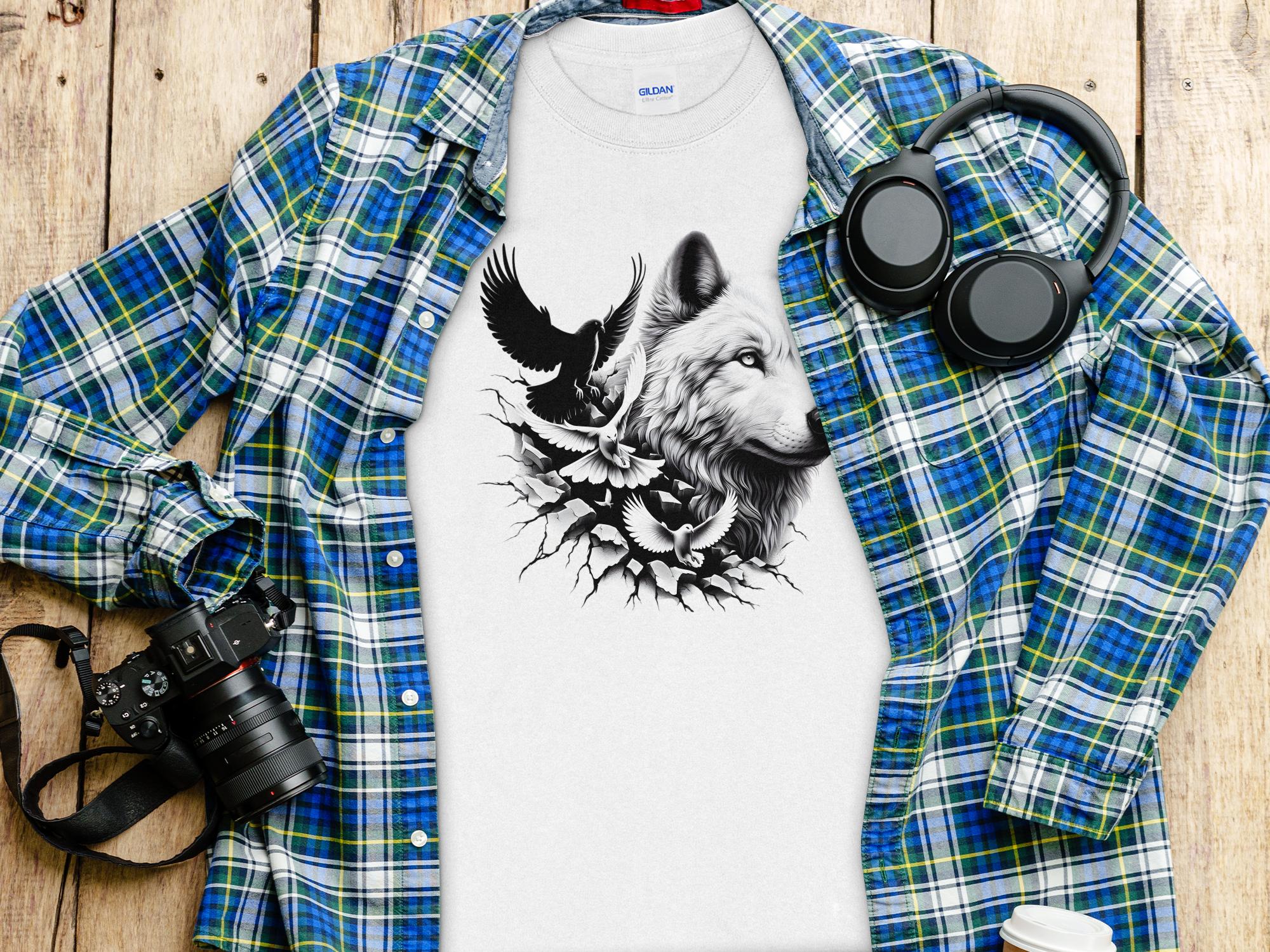 Wolf x Doves - Black White Gildan Long Sleeve Realistic Animal Talisman Unisex Tee Graphic Design