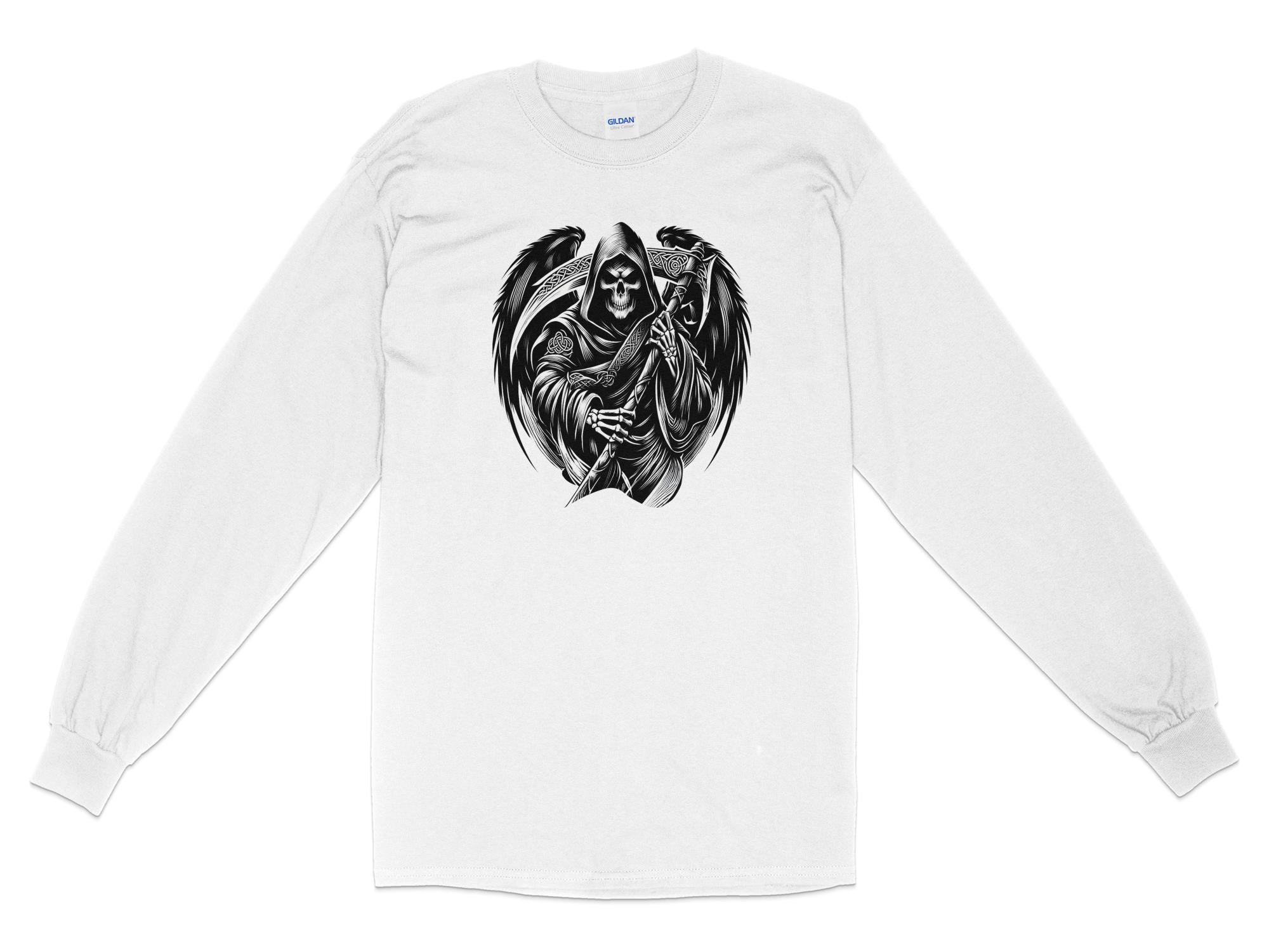 Grim Reaper - Black White Gildan Long Sleeve Commemorative Talisman Unisex Tee Graphic Design