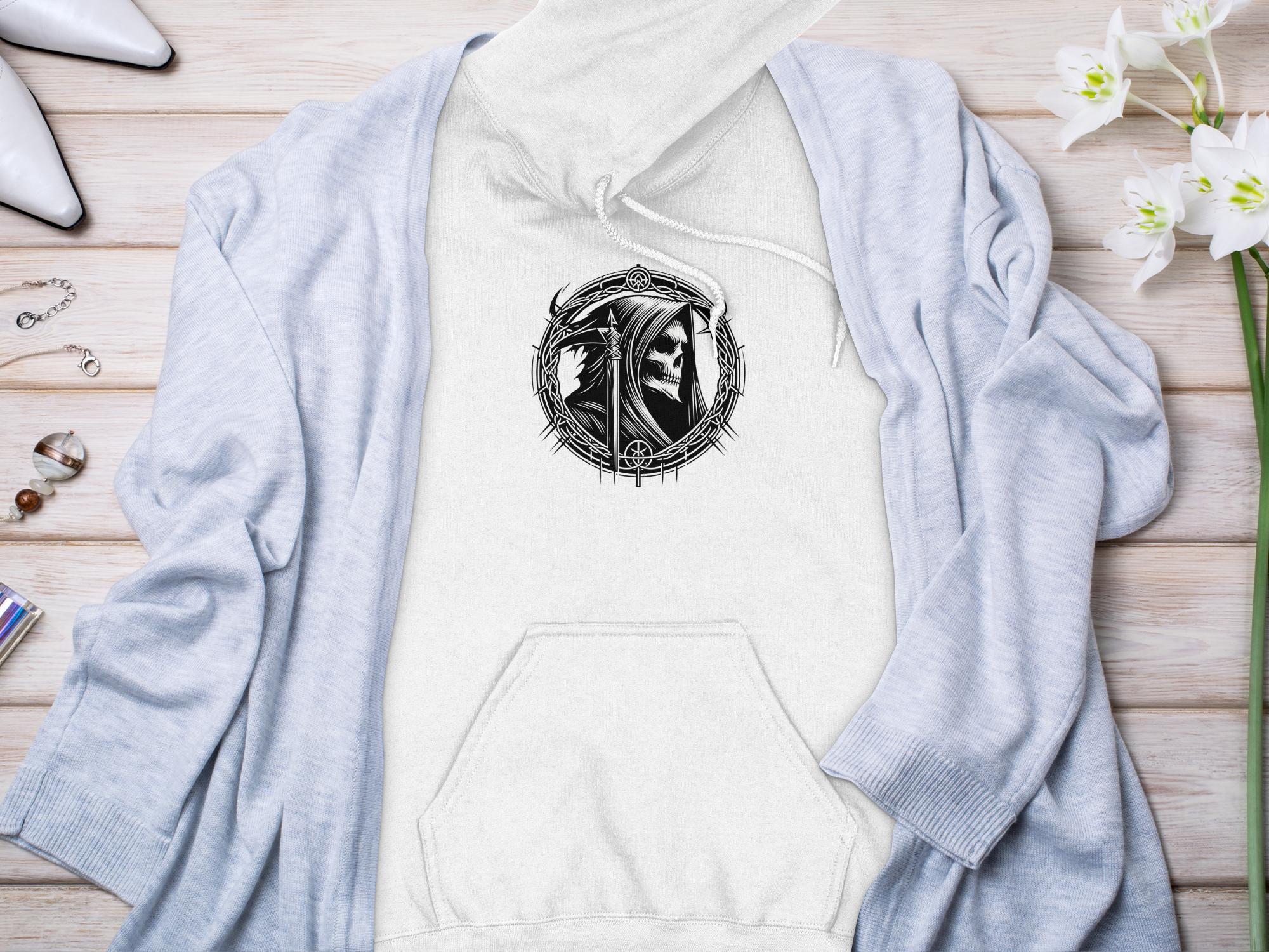 Grim Reaper - Black White Gildan Hoodie Commemorative Talisman Unisex Tee Graphic Design