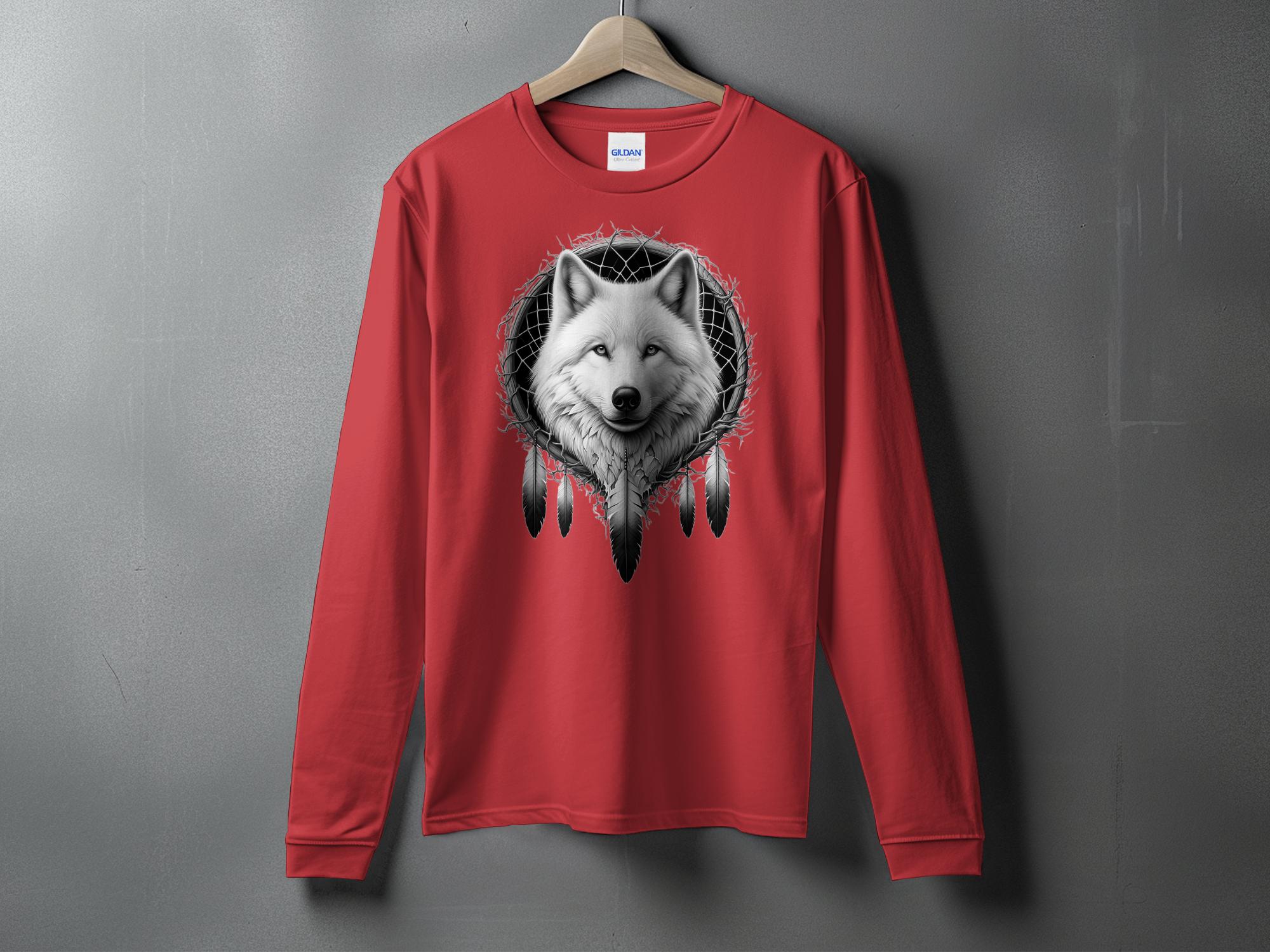 Dreamcatcher Wolf - Coloured Gildan Long Sleeve Realistic Native American Talisman Unisex Mythology Tee Graphic Design