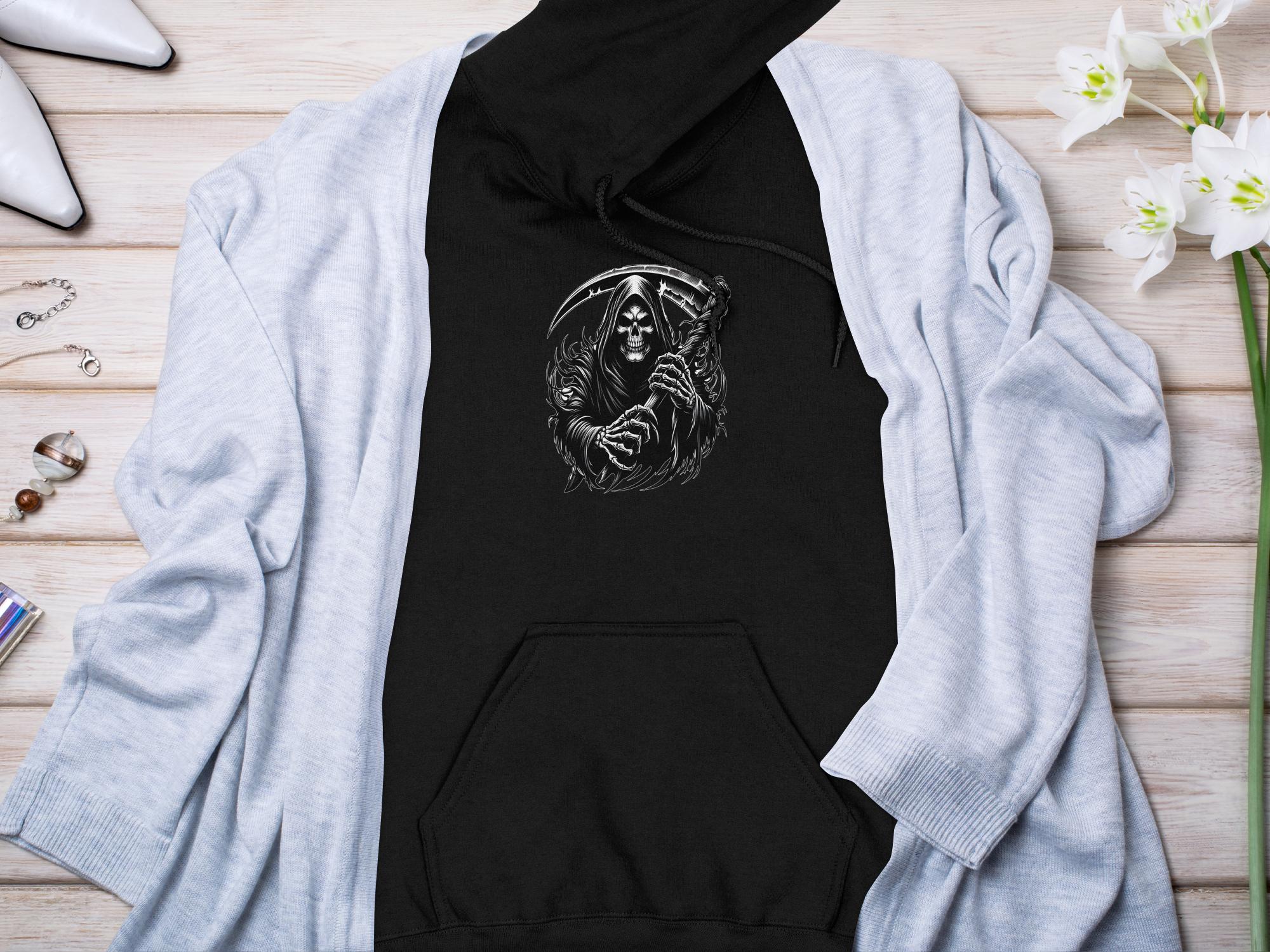 Grim Reaper - Black White Gildan Hoodie Commemorative Talisman Unisex Tee Graphic Design