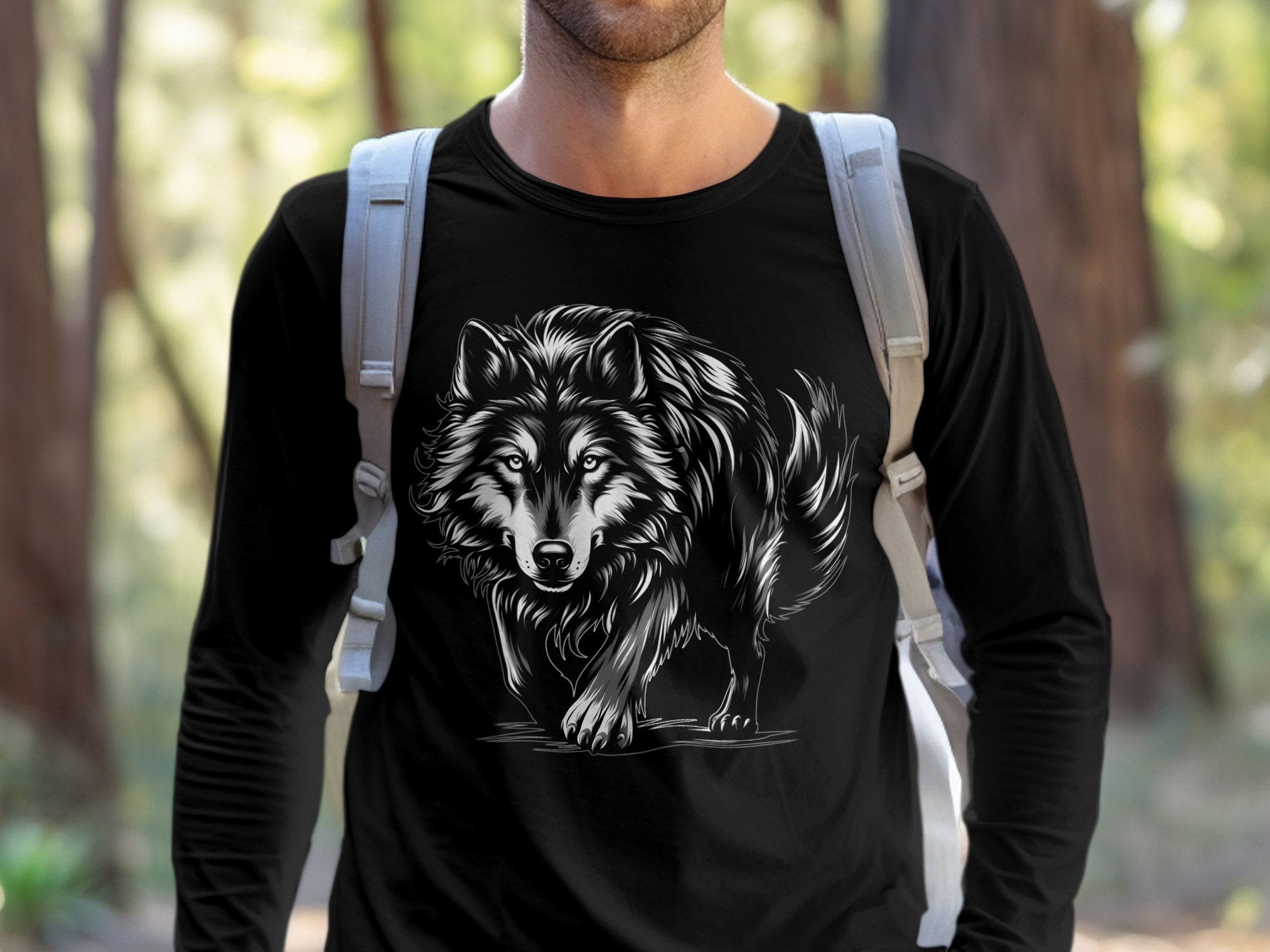 Wolf Tribal - Black White Gildan Long Sleeve Realistic Animal Talisman Unisex Tee Graphic Design