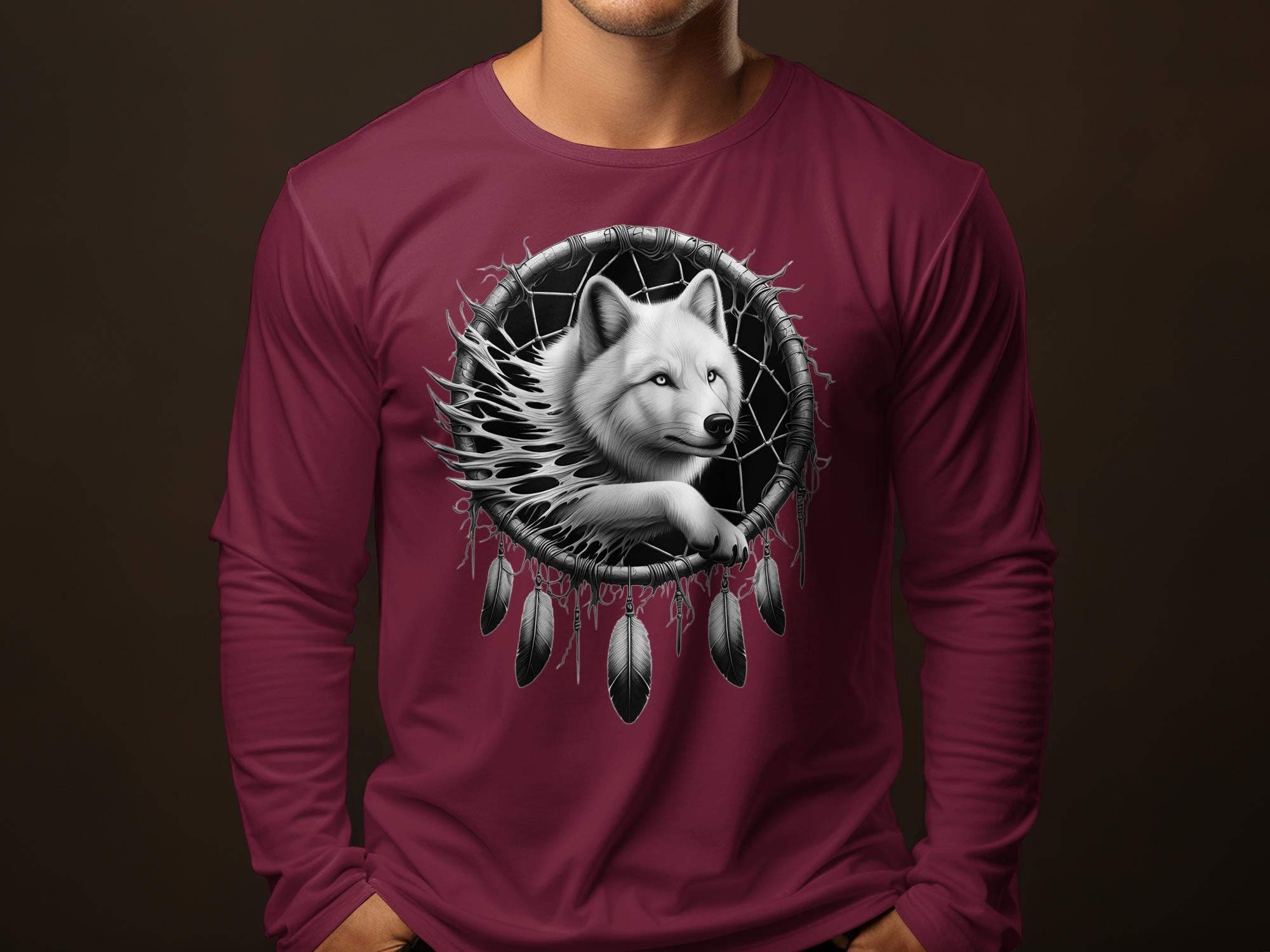 Dreamcatcher Wolf - Coloured Gildan Long Sleeve Realistic Native American Talisman Unisex Mythology Tee Graphic Design