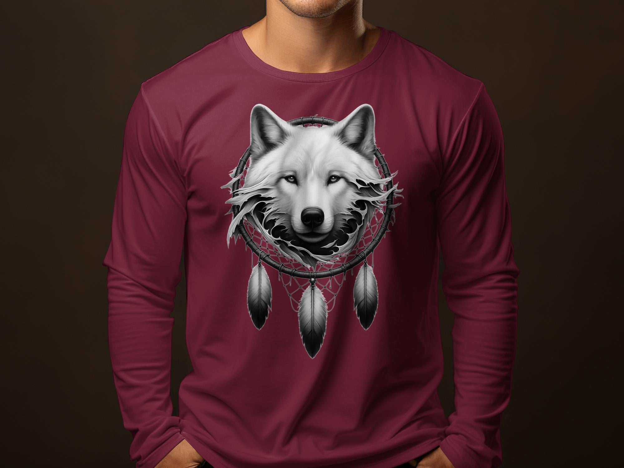 Dreamcatcher Wolf - Coloured Gildan Long Sleeve Realistic Native American Talisman Unisex Mythology Tee Graphic Design