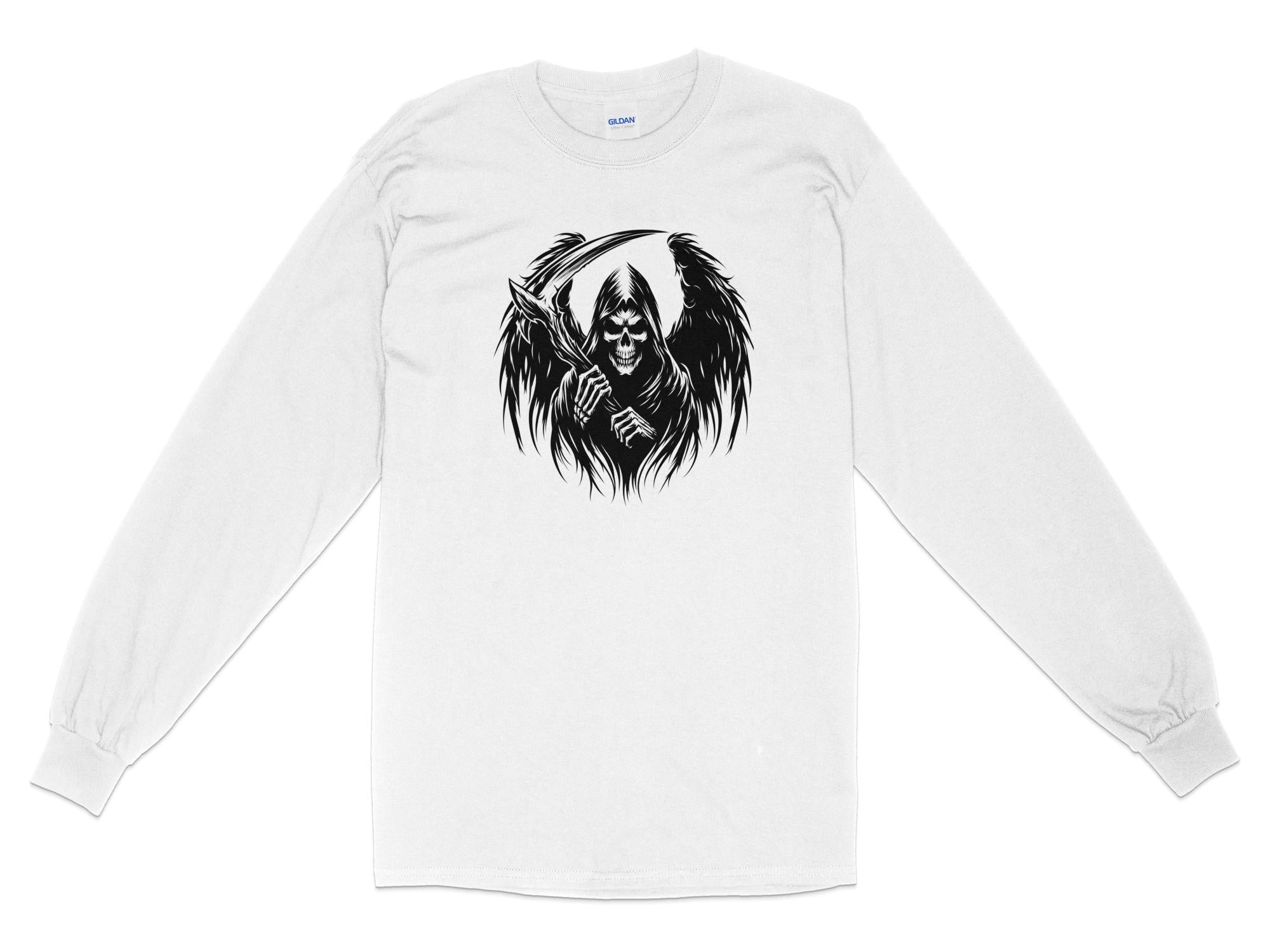 Grim Reaper - Black White Gildan Long Sleeve Commemorative Talisman Unisex Tee Graphic Design