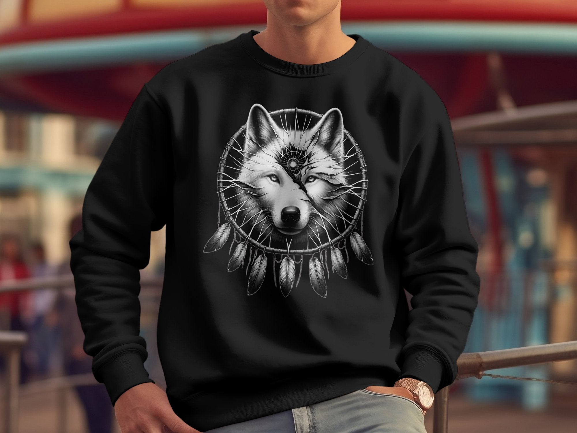 Dreamcatcher Wolf - Coloured Gildan Sweatshirt Realistic Native American Talisman Unisex Mythology Tee Graphic Design