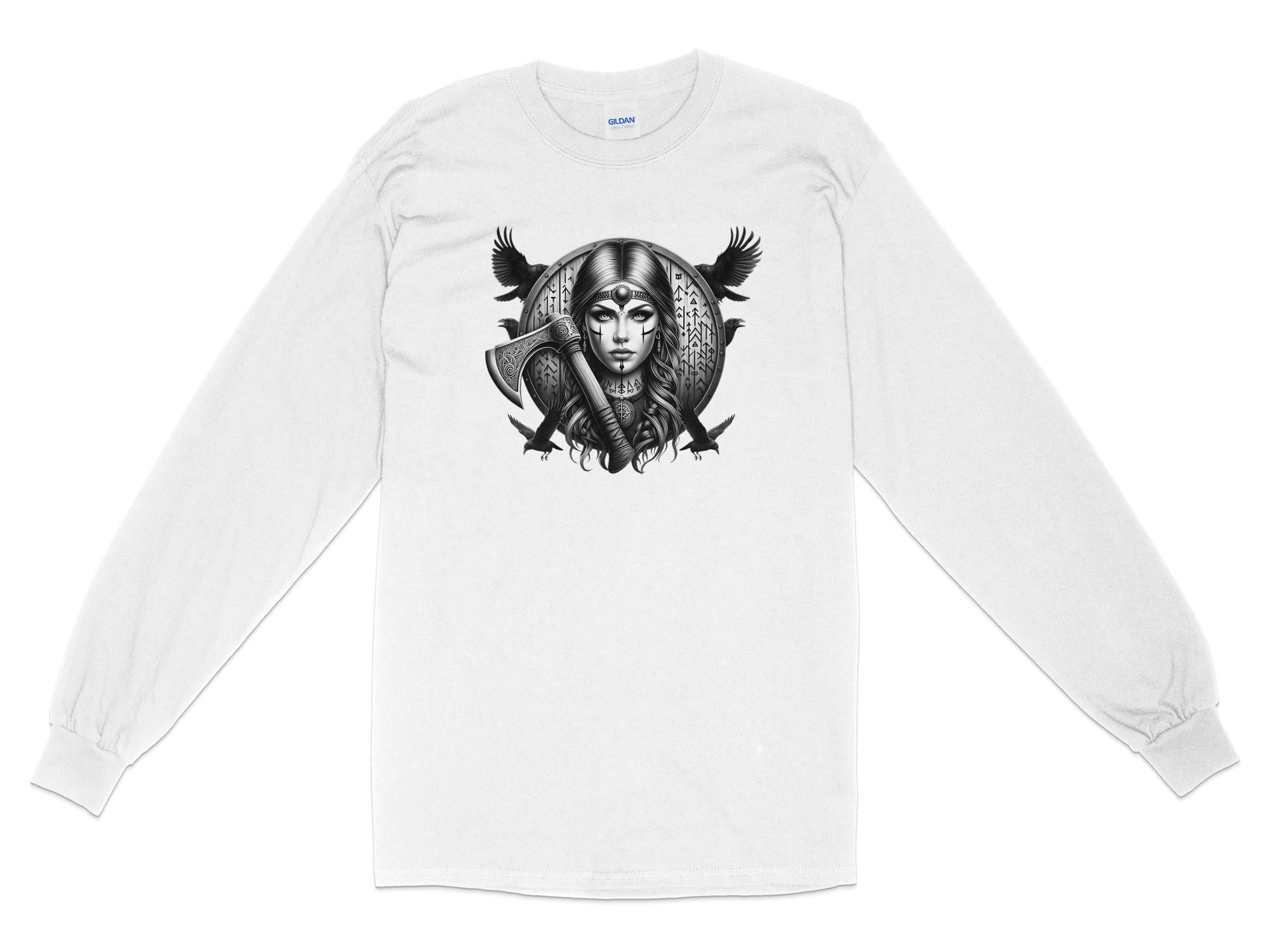 Viking Shield Maiden - Coloured Gildan Long Sleeve Realistic Norse Talisman Men Women Unisex Valhalla Tee Graphic Design