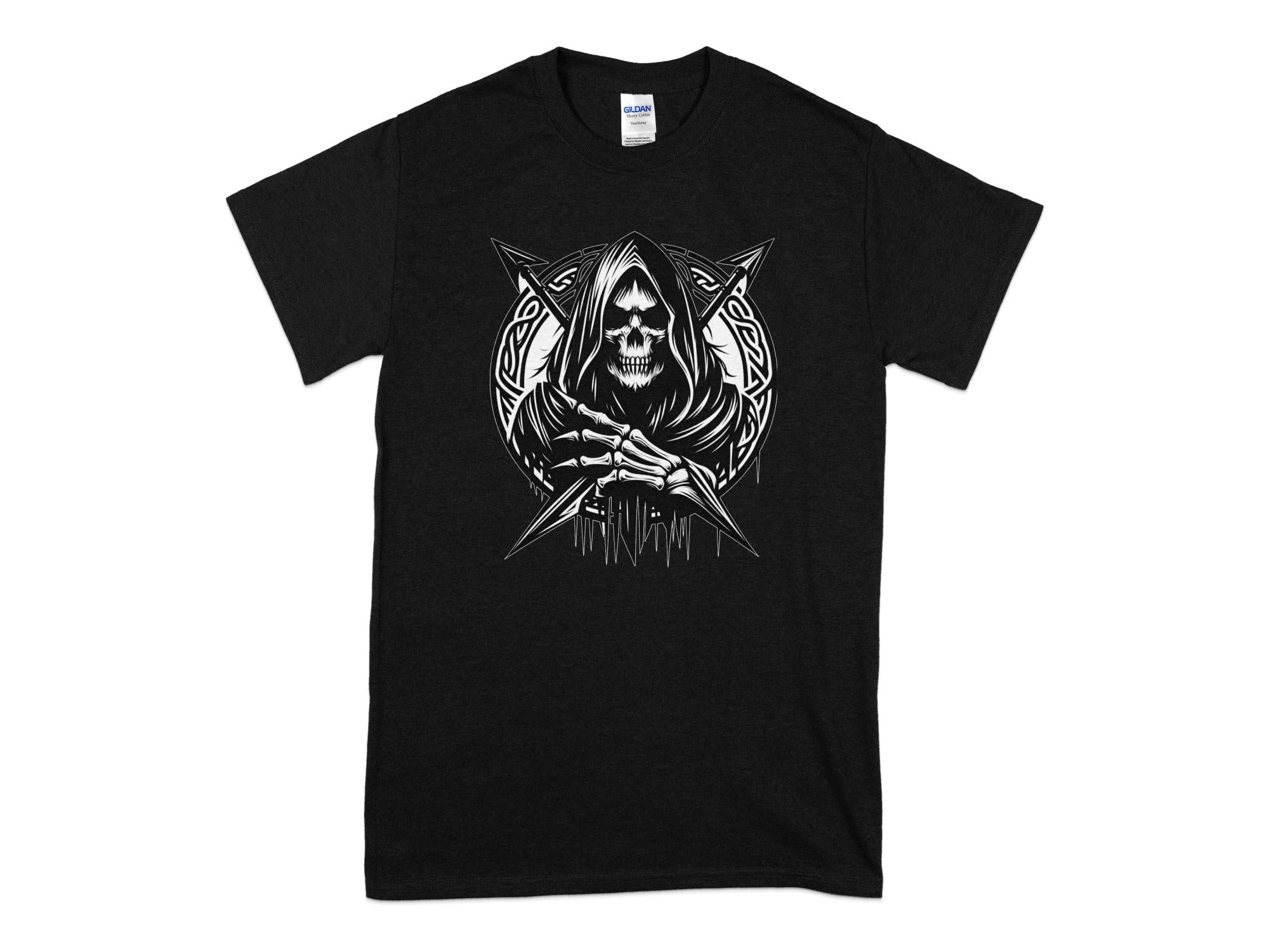 Grim Reaper - Black White Gildan T-Shirt Commemorative Talisman Unisex Tee Graphic Design