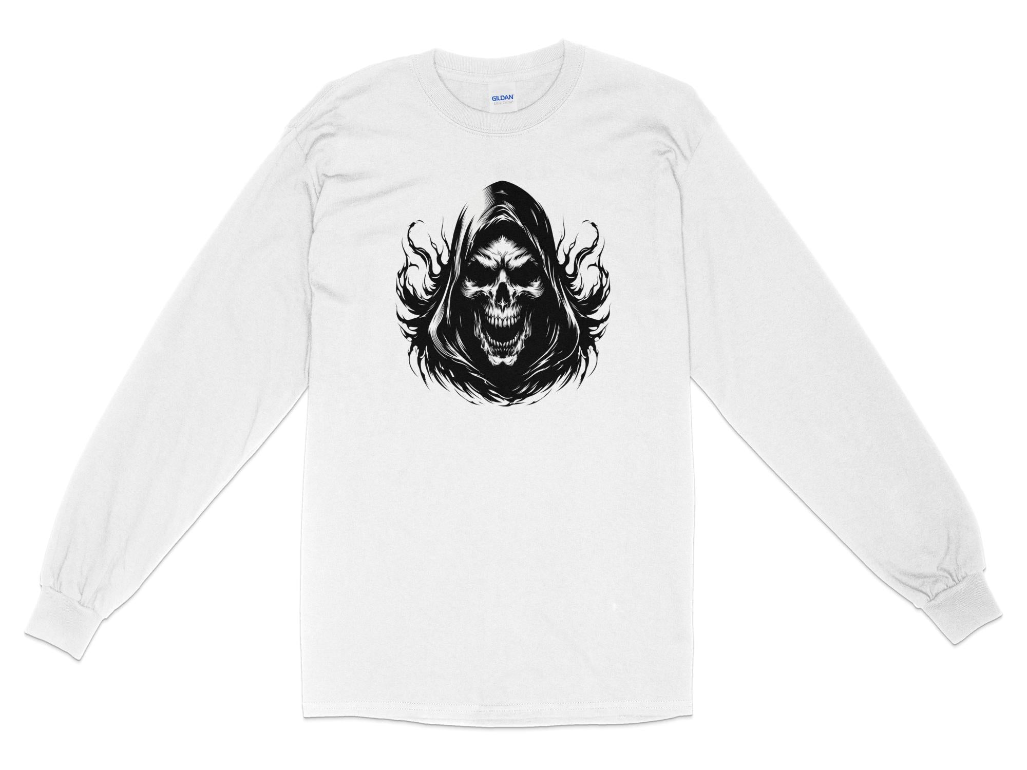 Grim Reaper - Black White Gildan Long Sleeve Commemorative Talisman Unisex Tee Graphic Design