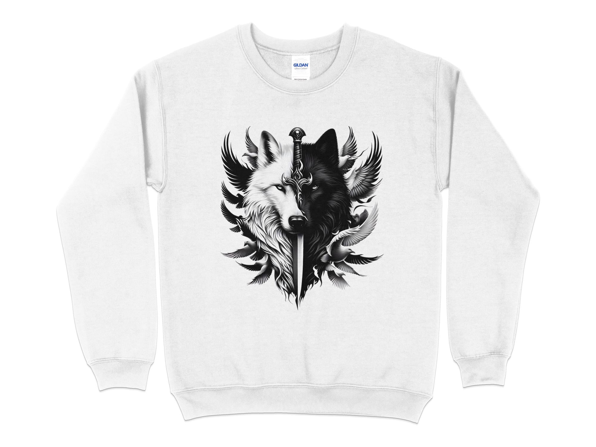 Wolf x Doves - Black White Gildan Sweatshirt Realistic Animal Talisman Unisex Tee Graphic Design