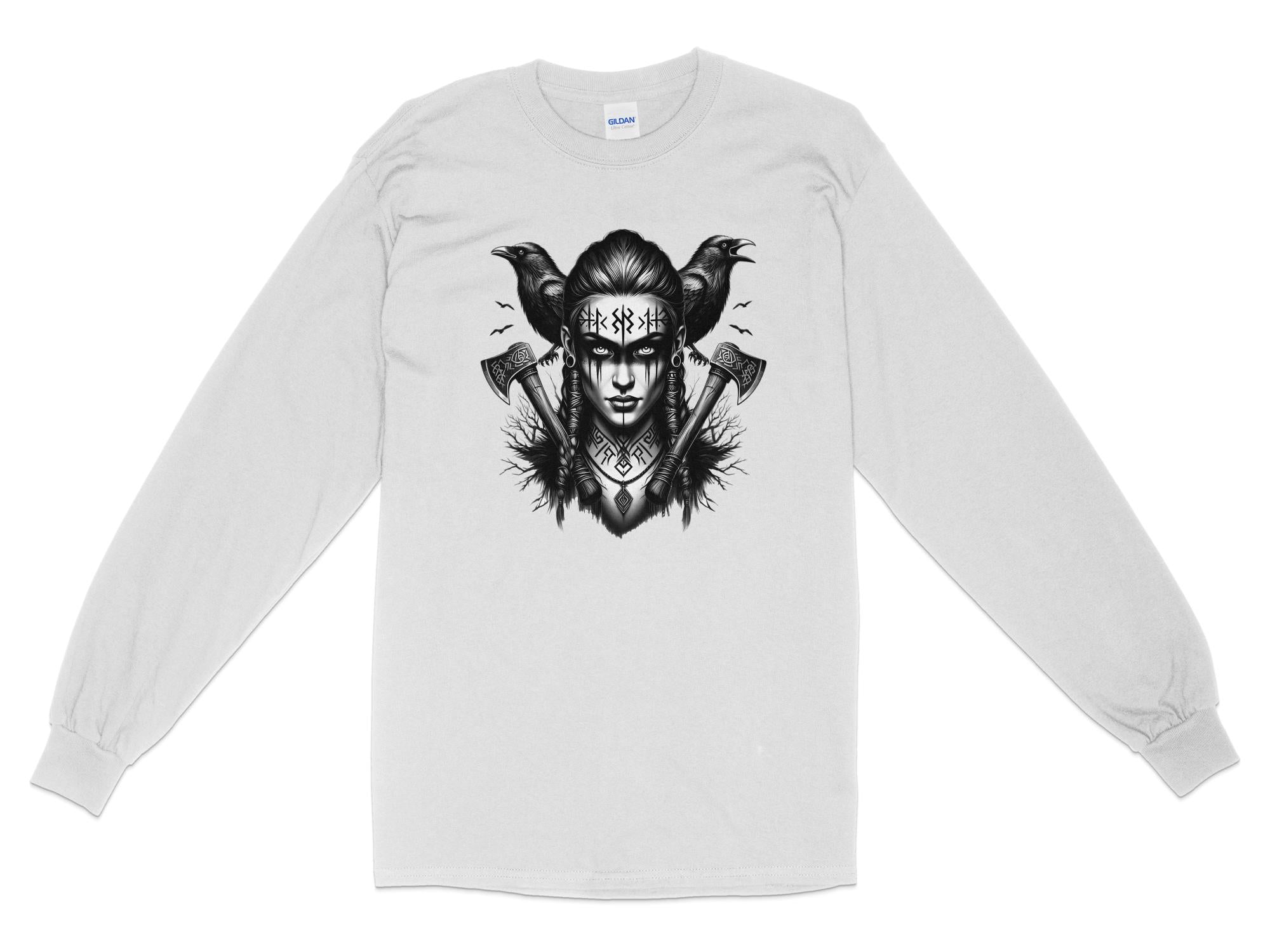 Viking Shield Maiden - Coloured Gildan Long Sleeve Realistic Norse Talisman Men Women Unisex Valhalla Tee Graphic Design