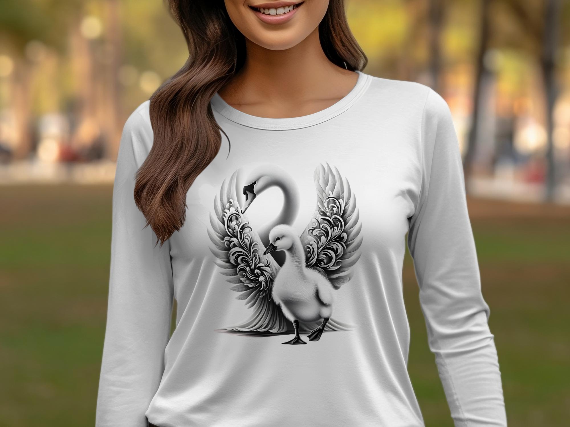 Swan & Cygnet- Black White Gildan Long Sleeve Realistic Family Talisman Unisex Tee Graphic Design