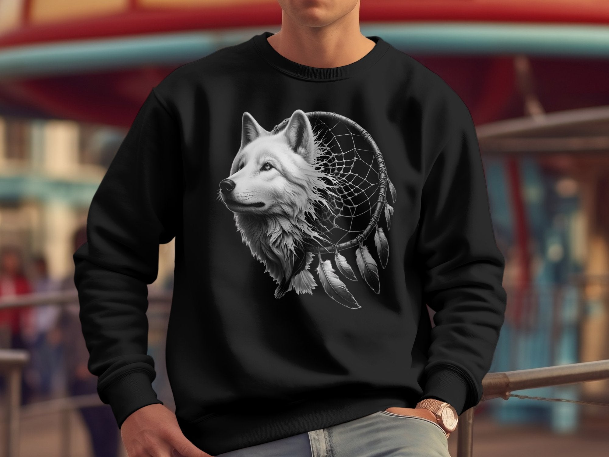 Dreamcatcher Wolf - Coloured Gildan Sweatshirt Realistic Native American Talisman Unisex Mythology Tee Graphic Design