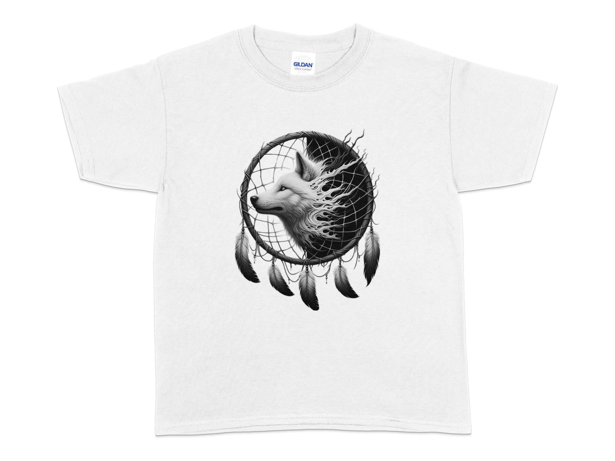 Dreamcatcher Wolf - Coloured Gildan Kids T-Shirt Realistic Native American Talisman Unisex Mythology Tee Graphic Design