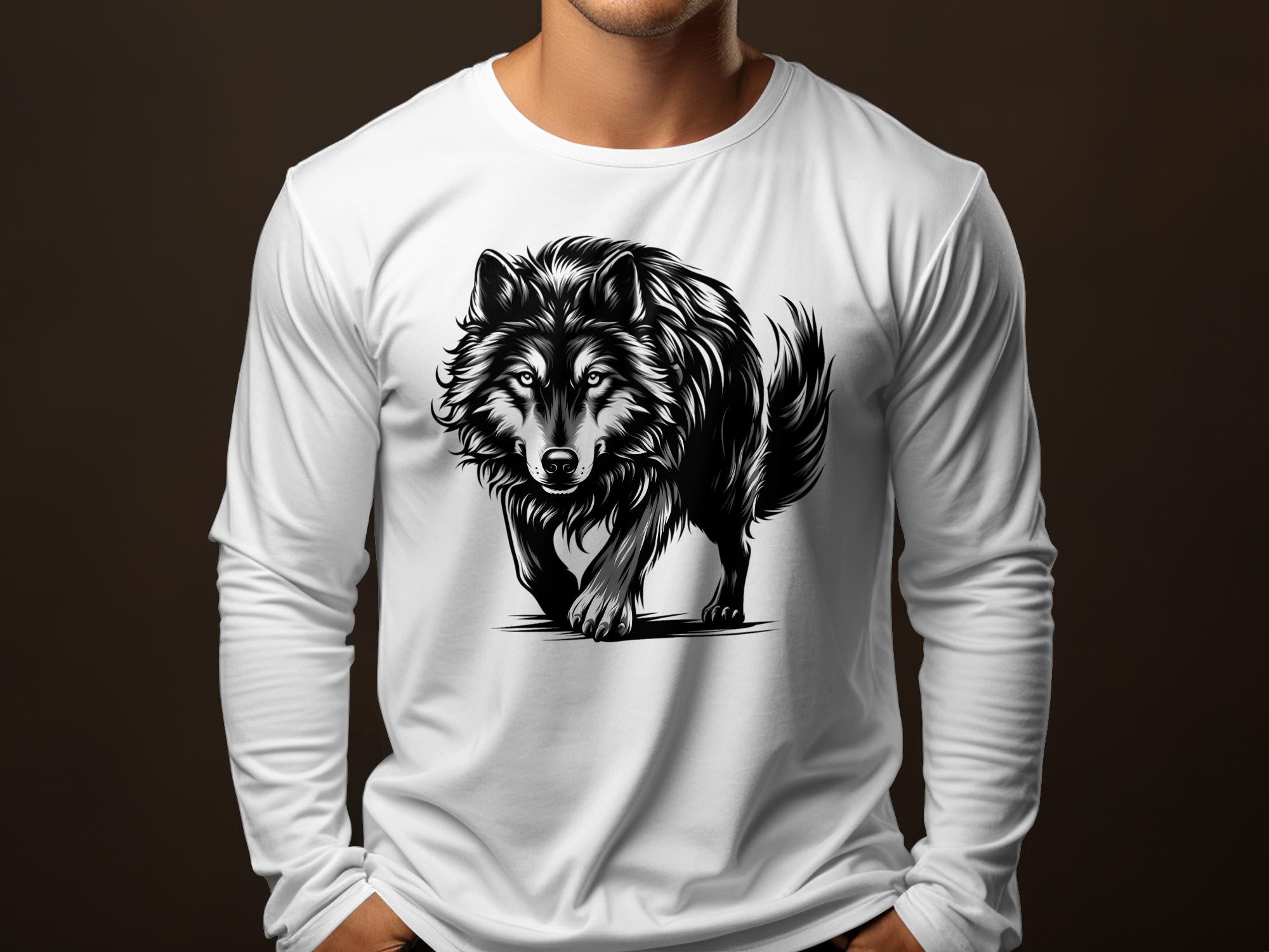 Wolf Tribal - Black White Gildan Long Sleeve Realistic Animal Talisman Unisex Tee Graphic Design