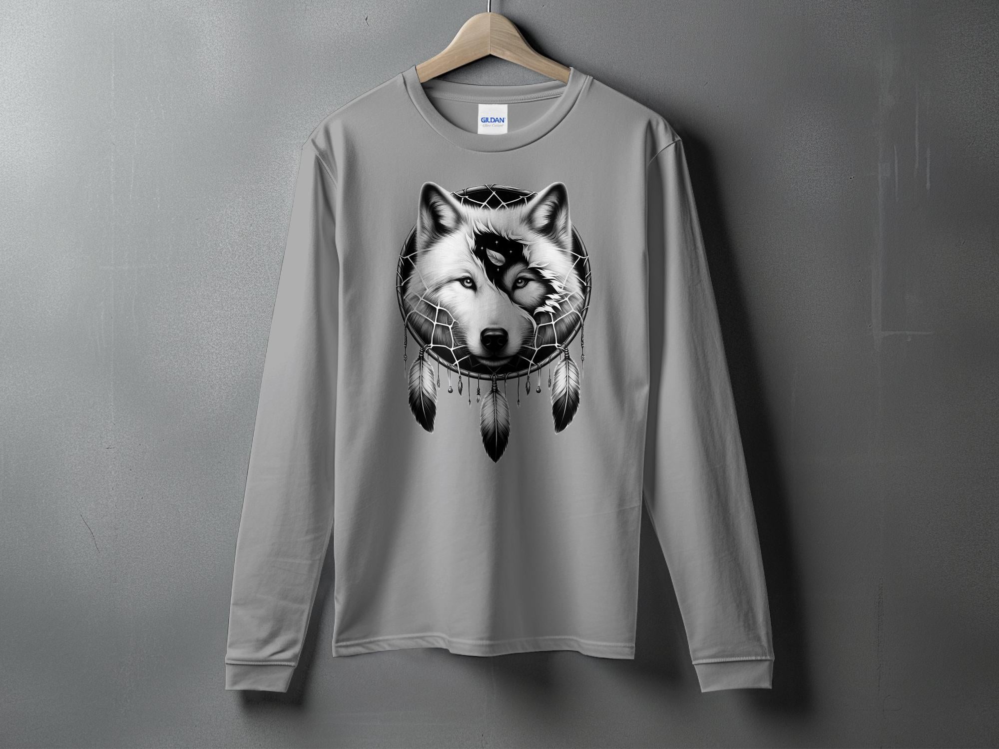 Dreamcatcher Wolf - Coloured Gildan Long Sleeve Realistic Native American Talisman Unisex Mythology Tee Graphic Design