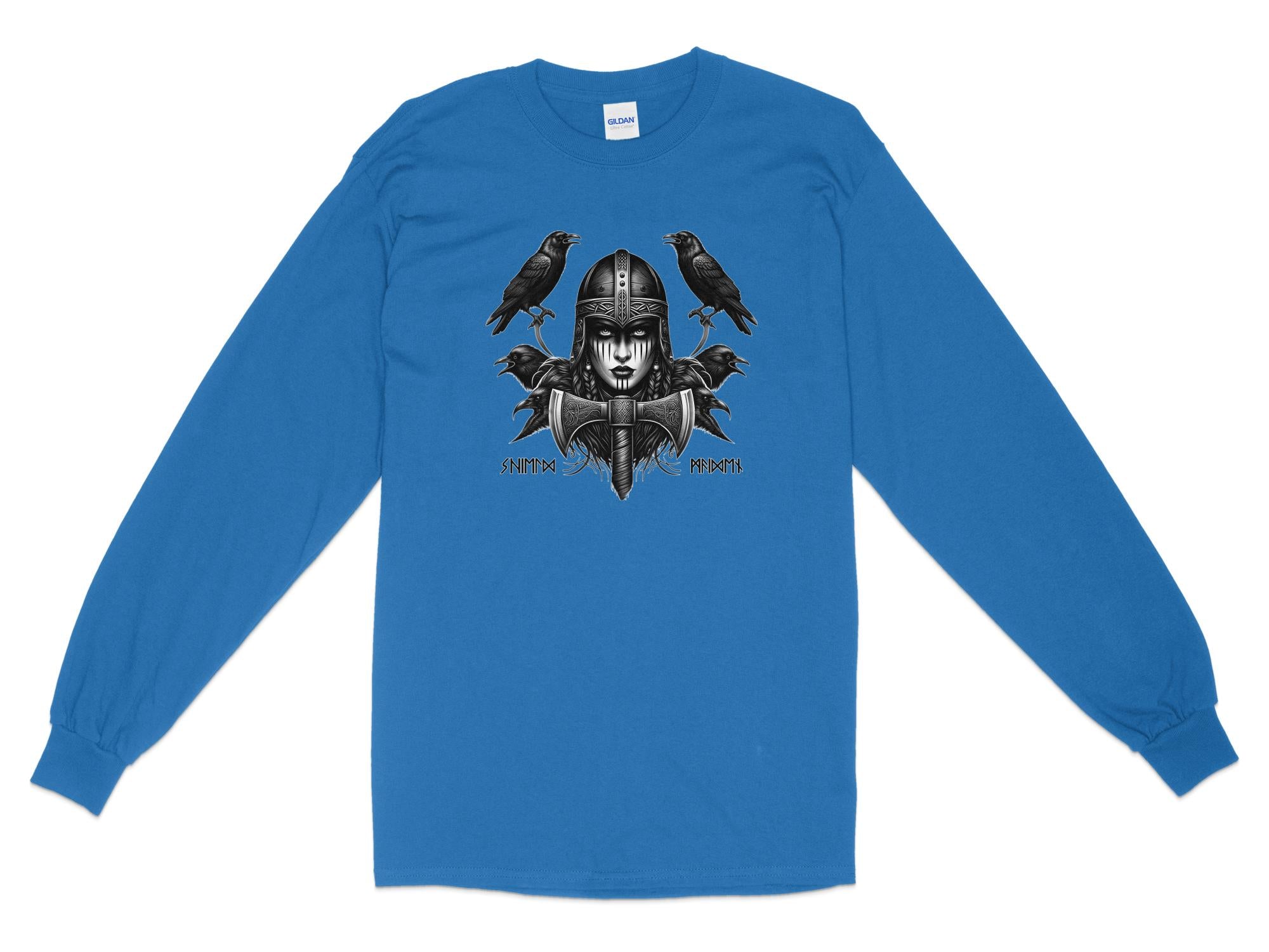 Viking Shield Maiden - Coloured Gildan Long Sleeve Realistic Norse Talisman Men Women Unisex Valhalla Tee Graphic Design