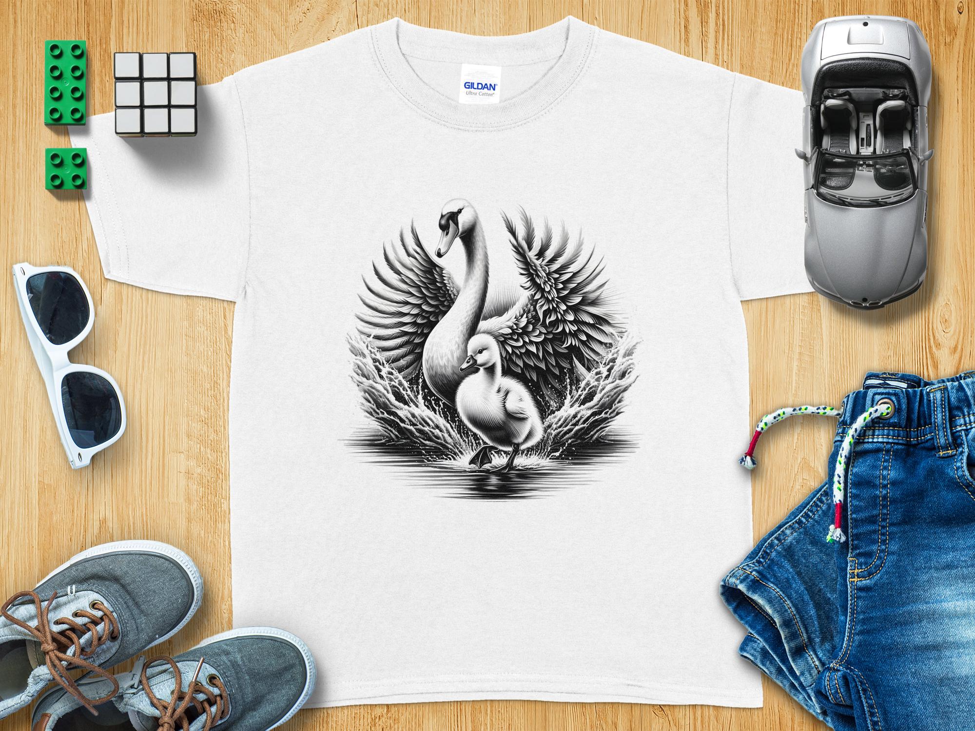 Swan & Cygnet- Black White Gildan Kids T-Shirt Realistic Family Talisman Unisex Tee Graphic Design