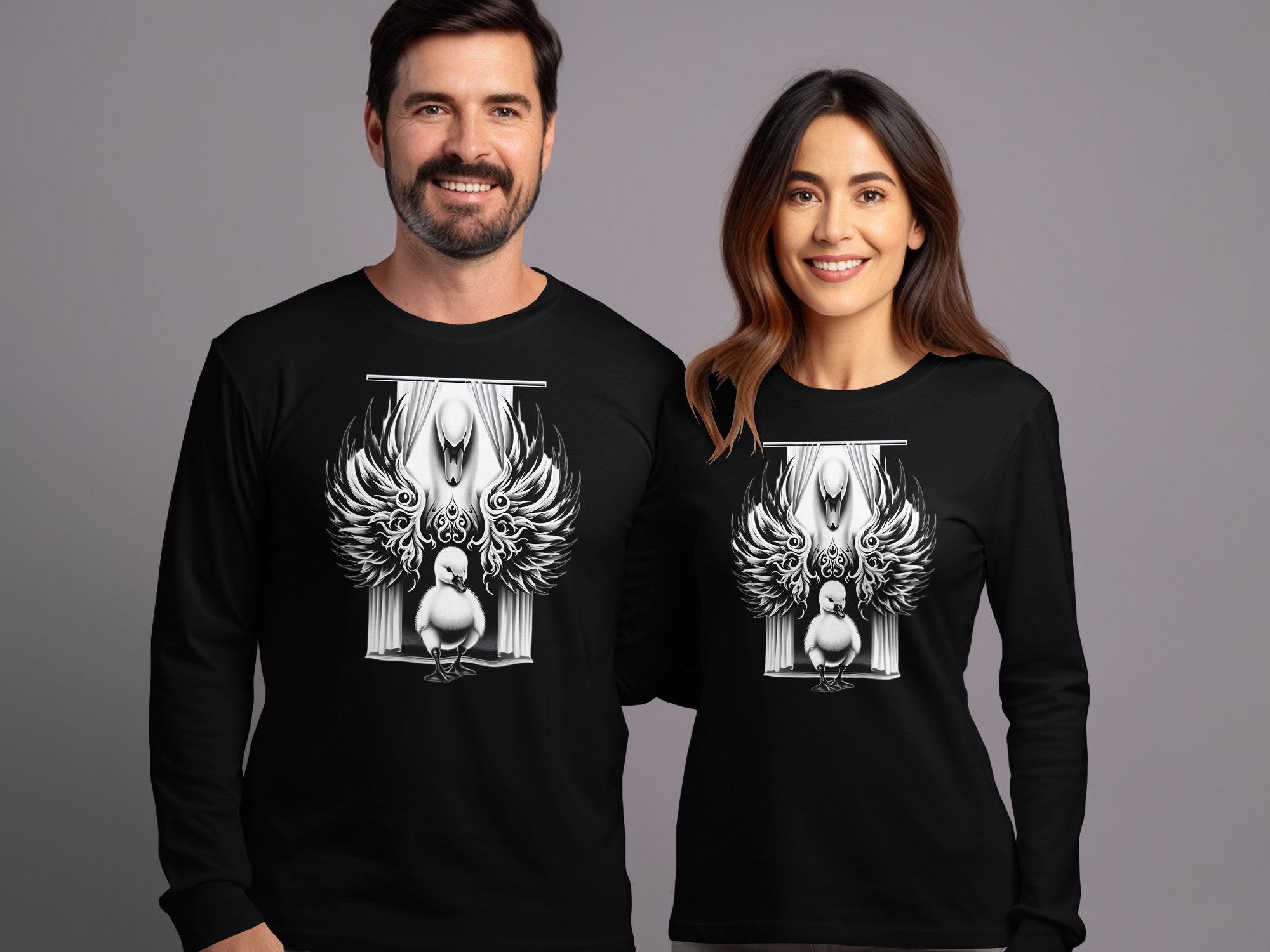 Swan & Cygnet- Black White Gildan Long Sleeve Realistic Family Talisman Unisex Tee Graphic Design