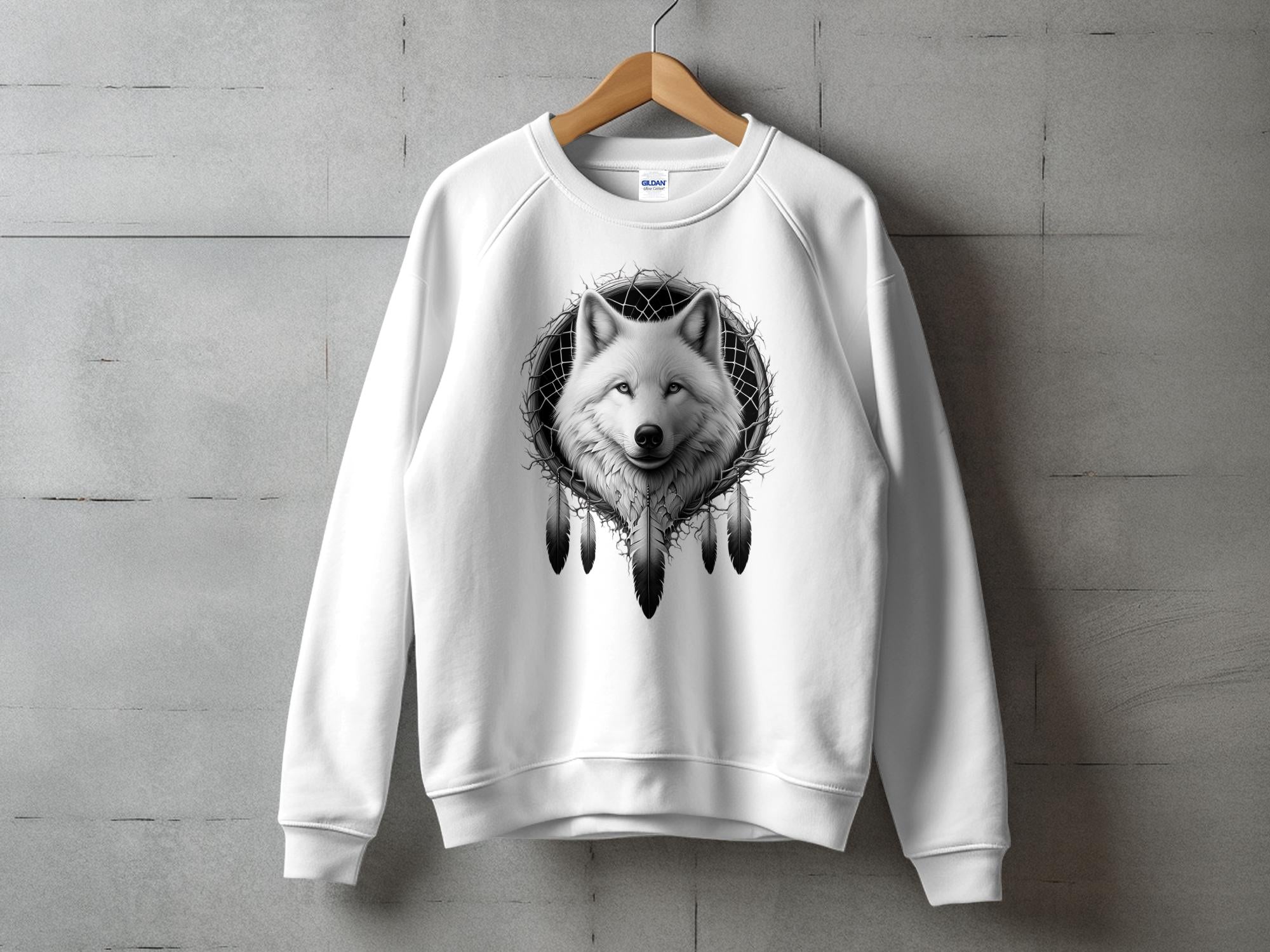 Dreamcatcher Wolf - Coloured Gildan Sweatshirt Realistic Native American Talisman Unisex Mythology Tee Graphic Design