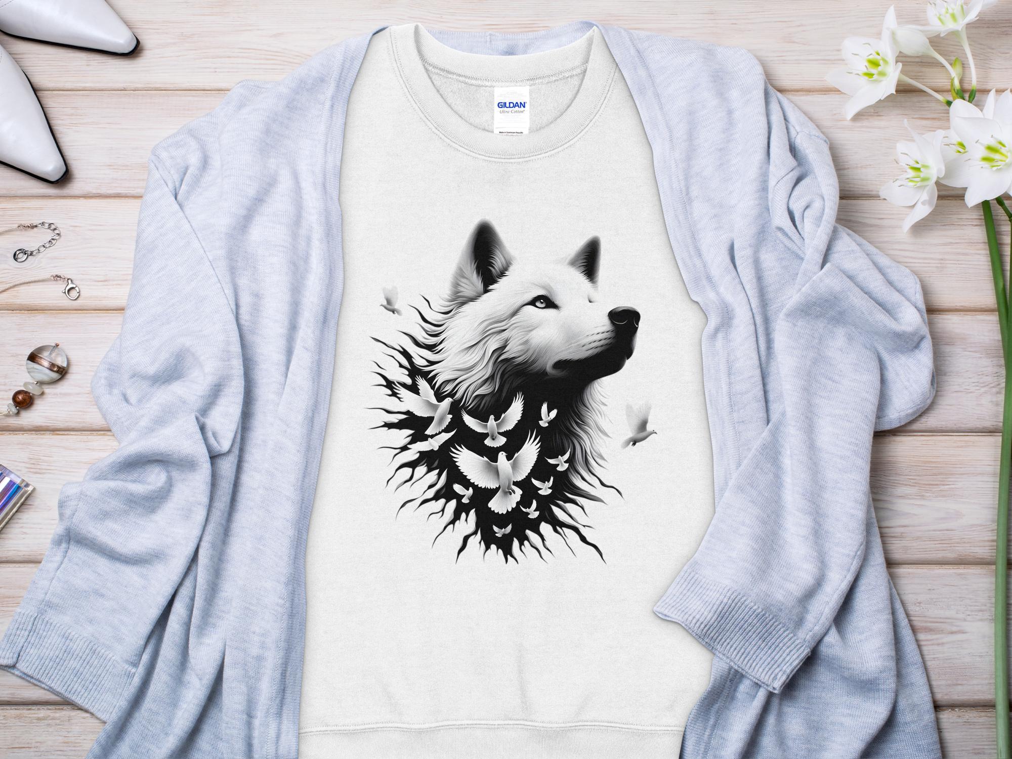 Wolf x Doves - Black White Gildan Sweatshirt Realistic Animal Talisman Unisex Tee Graphic Design