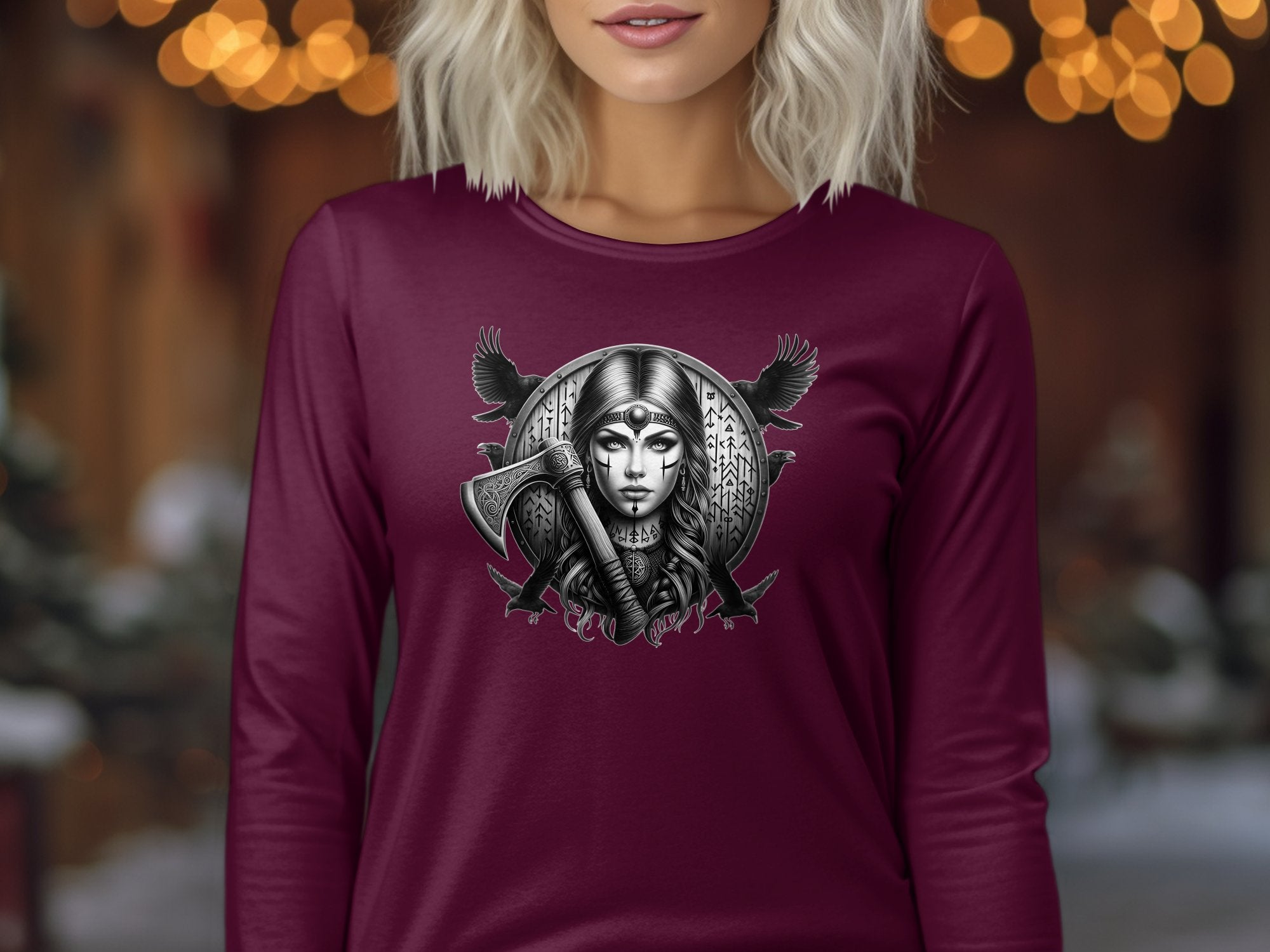 Viking Shield Maiden - Coloured Gildan Long Sleeve Realistic Norse Talisman Men Women Unisex Valhalla Tee Graphic Design