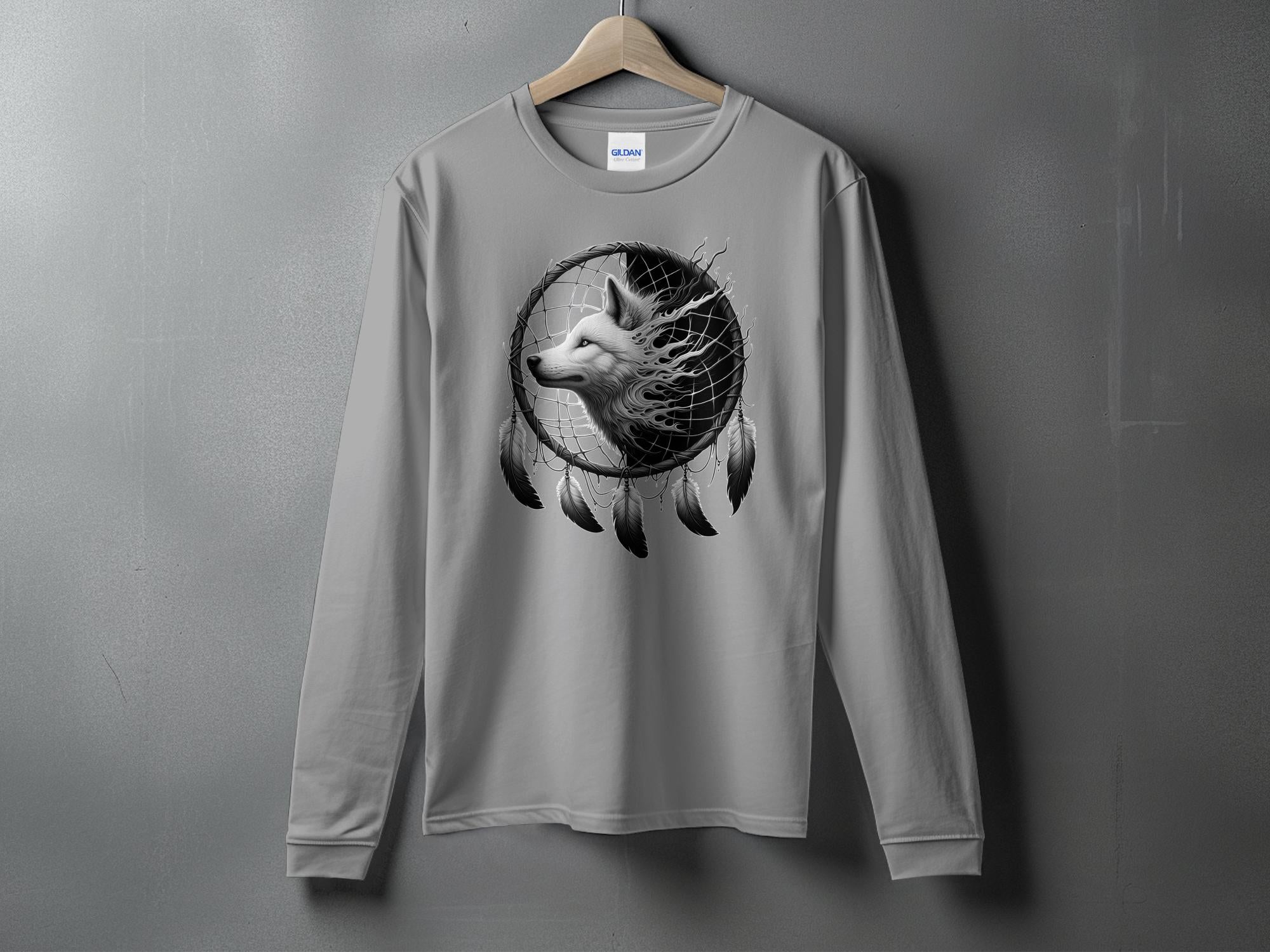 Dreamcatcher Wolf - Coloured Gildan Long Sleeve Realistic Native American Talisman Unisex Mythology Tee Graphic Design