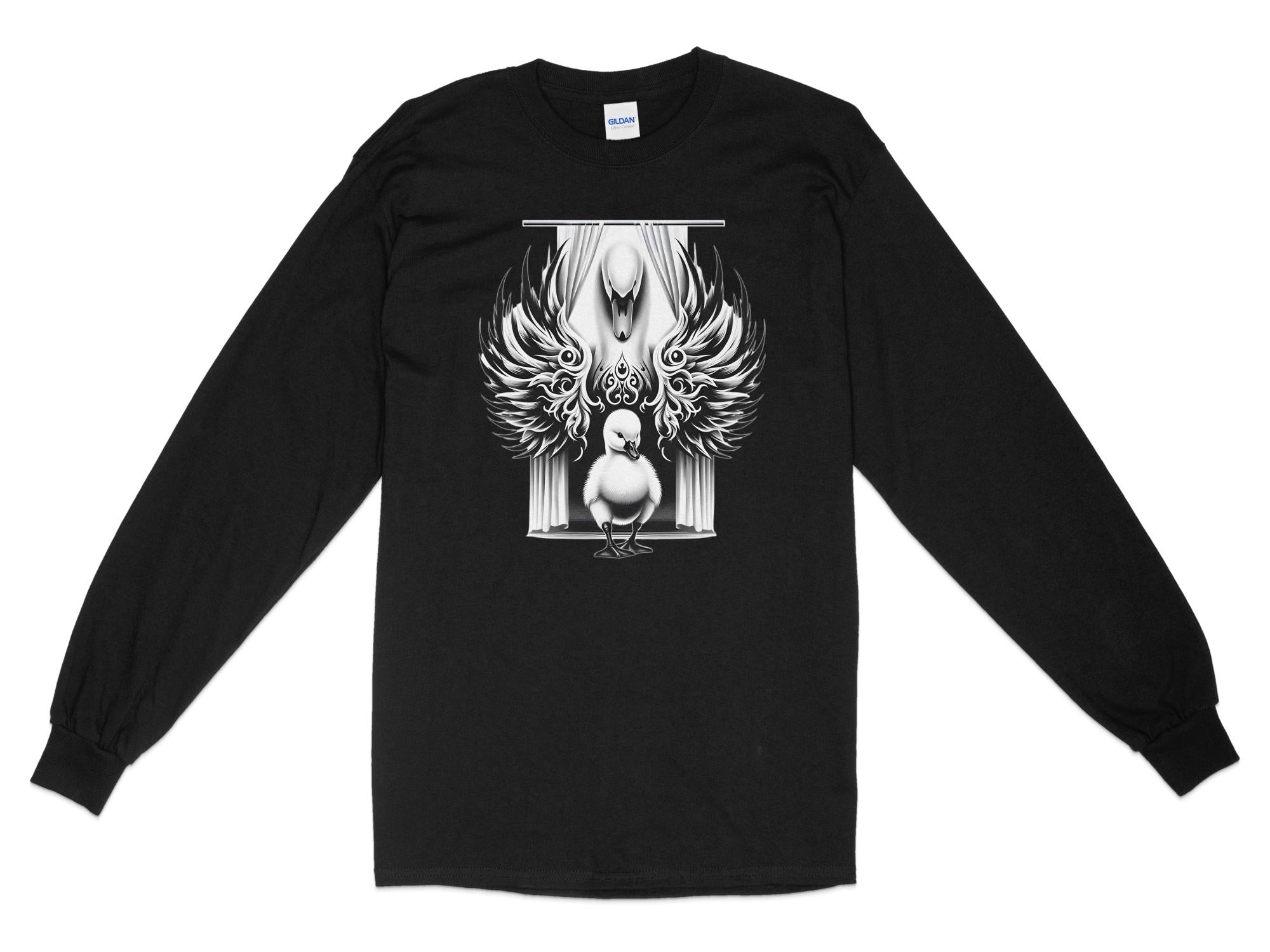 Swan & Cygnet- Black White Gildan Long Sleeve Realistic Family Talisman Unisex Tee Graphic Design