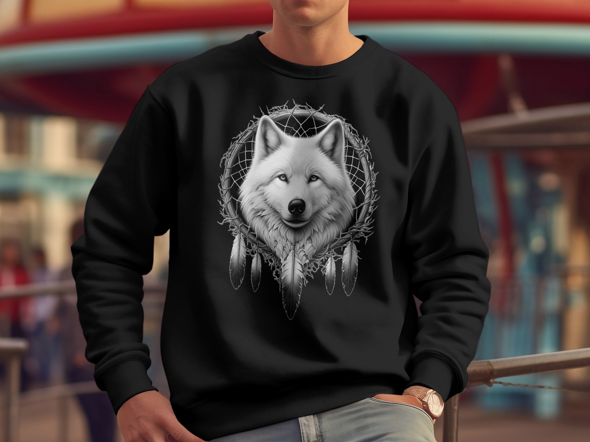 Dreamcatcher Wolf - Coloured Gildan Sweatshirt Realistic Native American Talisman Unisex Mythology Tee Graphic Design