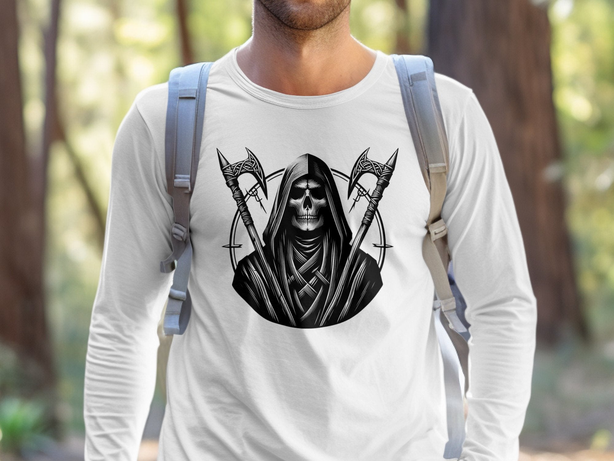 Grim Reaper - Black White Gildan Long Sleeve Commemorative Talisman Unisex Tee Graphic Design