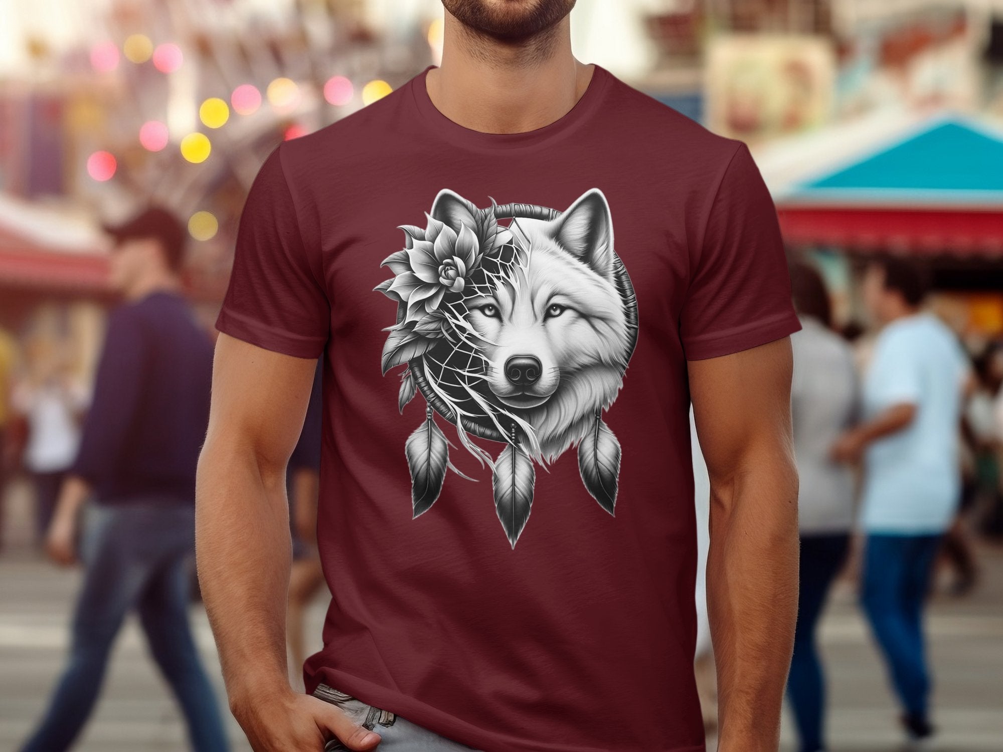 Dreamcatcher Wolf - Coloured Gildan T-Shirt Realistic Native American Talisman Unisex Mythology Tee Graphic Design