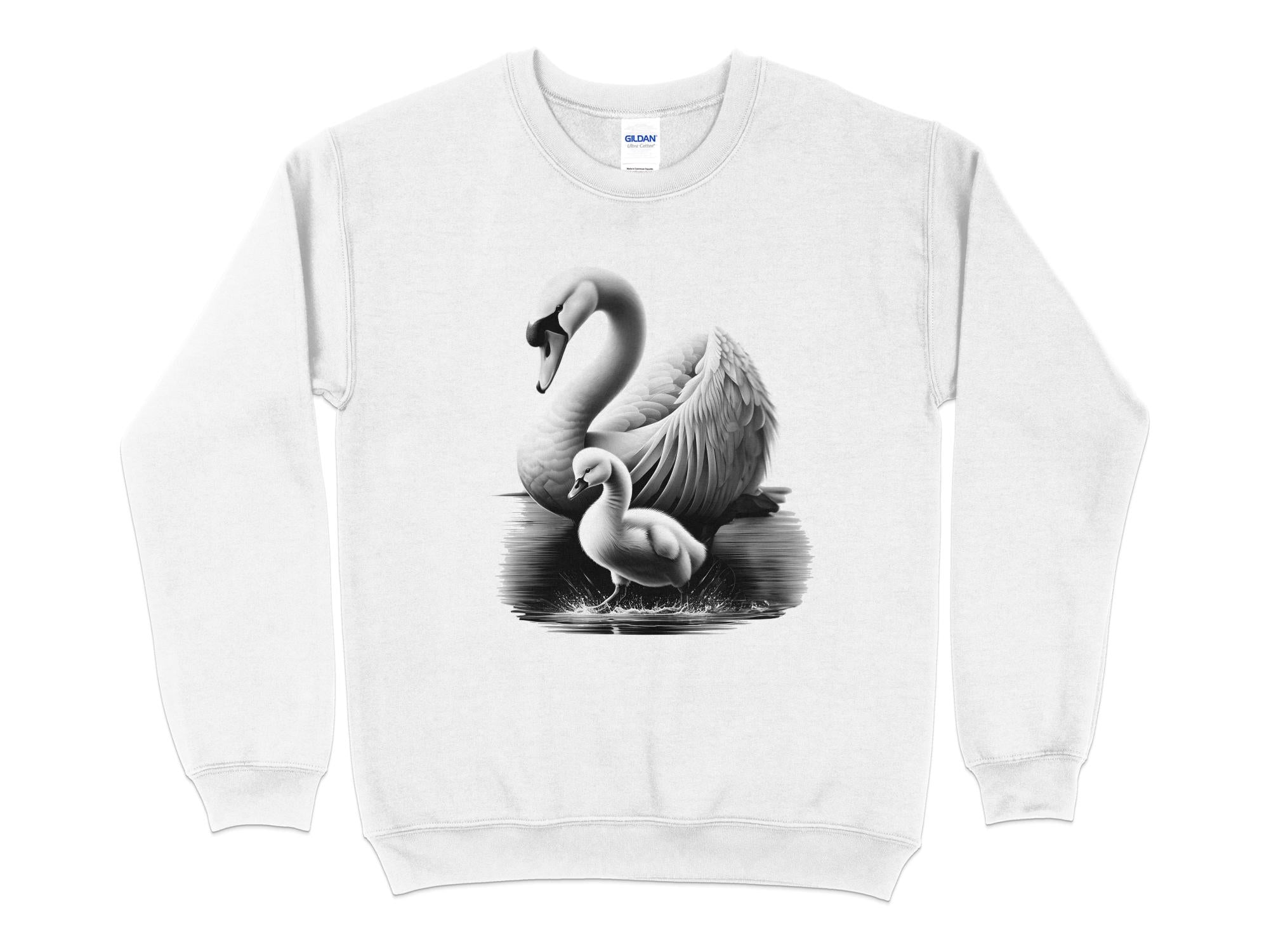 Swan & Cygnet- Black White Gildan Sweatshirt Realistic Family Talisman Unisex Tee Graphic Design