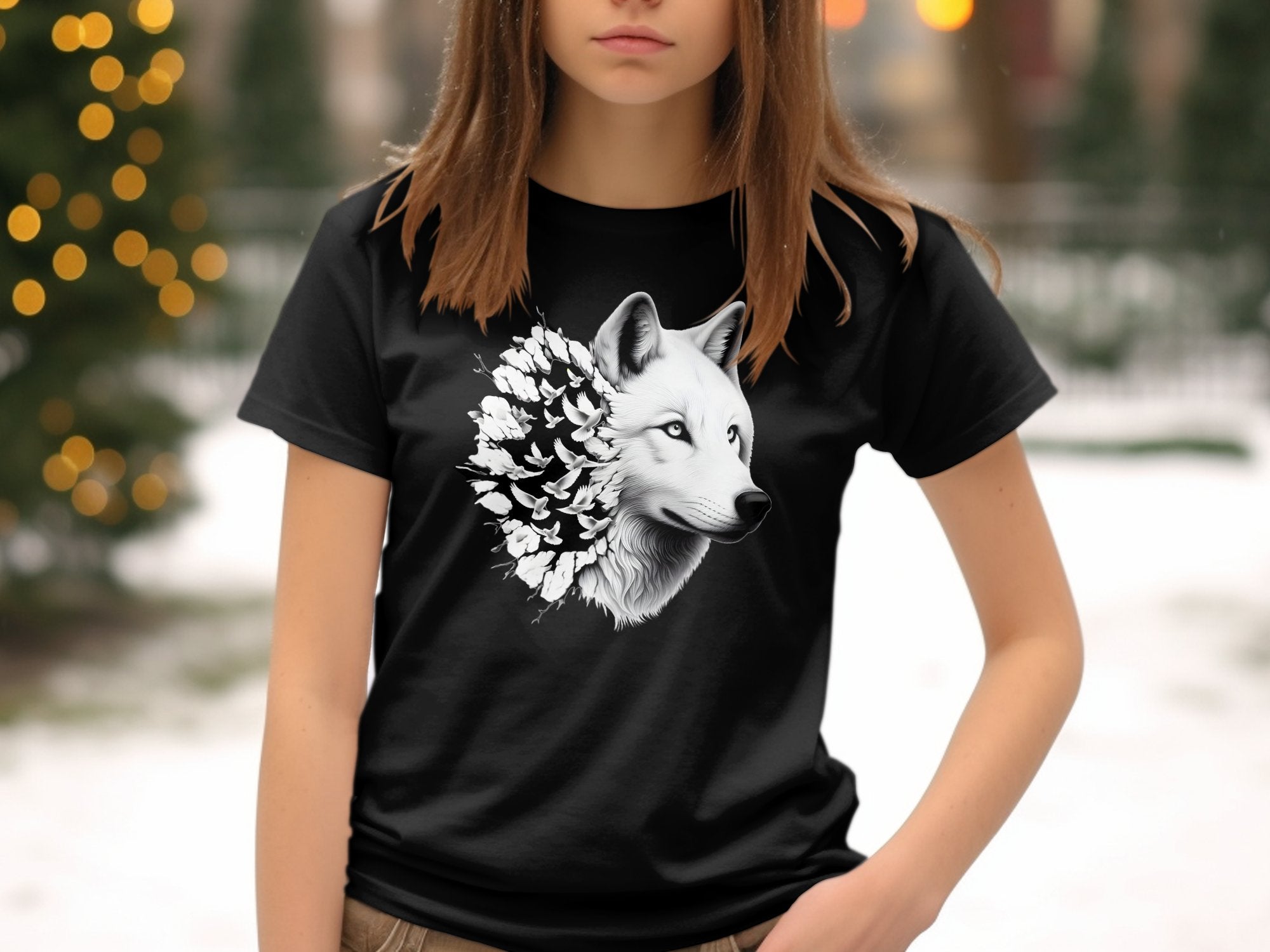 Wolf x Doves - Black White Gildan Kids T-Shirt Realistic Animal Talisman Unisex Tee Graphic Design