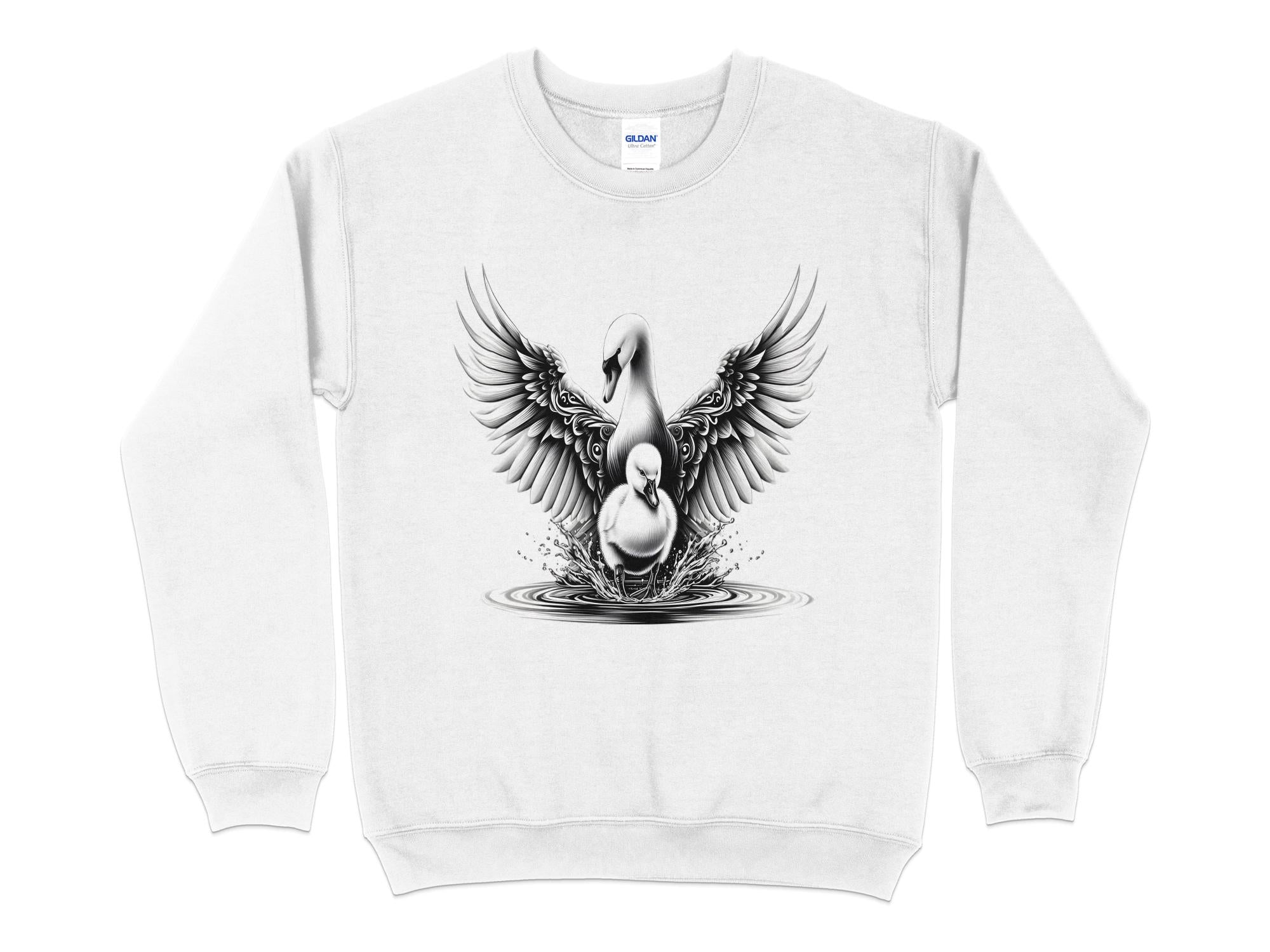 Swan & Cygnet- Black White Gildan Sweatshirt Realistic Family Talisman Unisex Tee Graphic Design