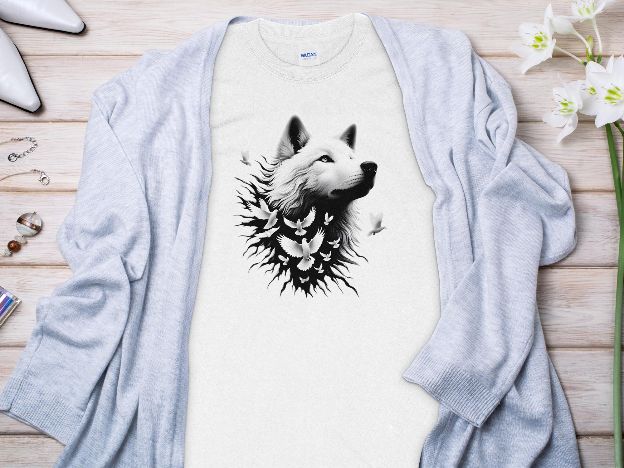 Wolf x Doves - Black White Gildan Long Sleeve Realistic Animal Talisman Unisex Tee Graphic Design