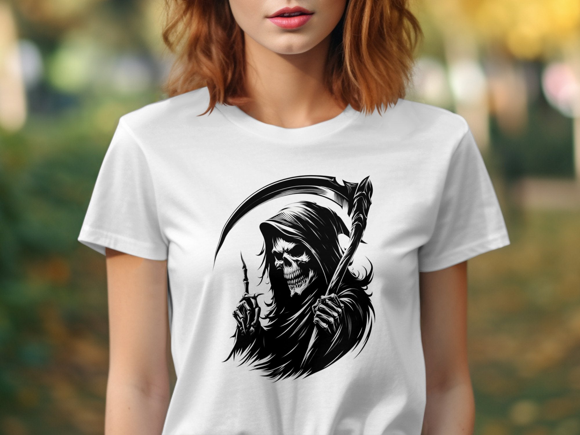 Grim Reaper - Black White Gildan T-Shirt Commemorative Talisman Unisex Tee Graphic Design