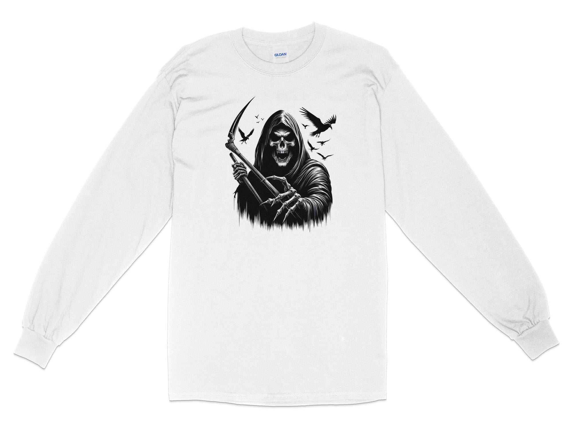 Grim Reaper - Black White Gildan Long Sleeve Commemorative Talisman Unisex Tee Graphic Design