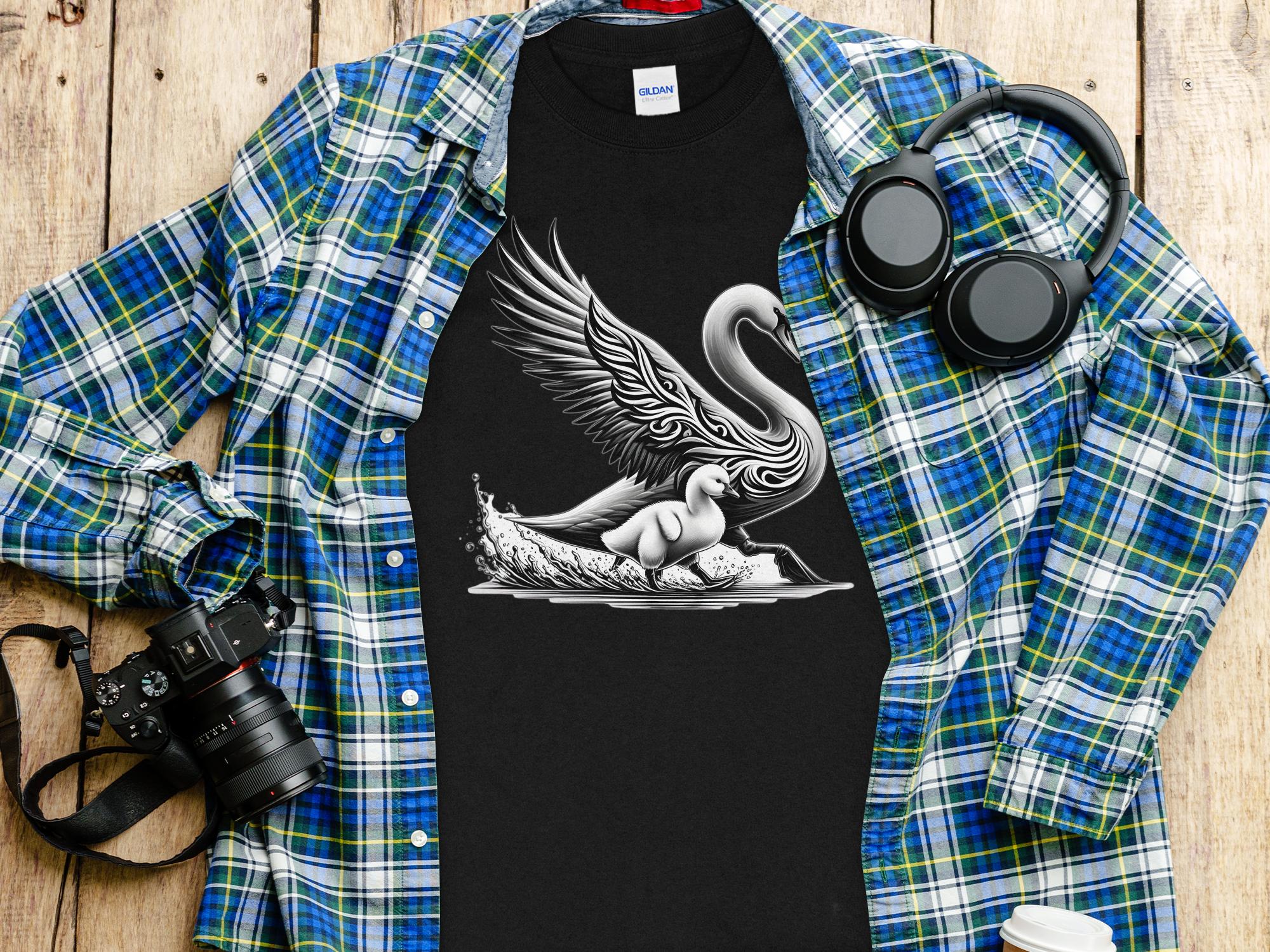 Swan & Cygnet- Black White Gildan Long Sleeve Realistic Family Talisman Unisex Tee Graphic Design