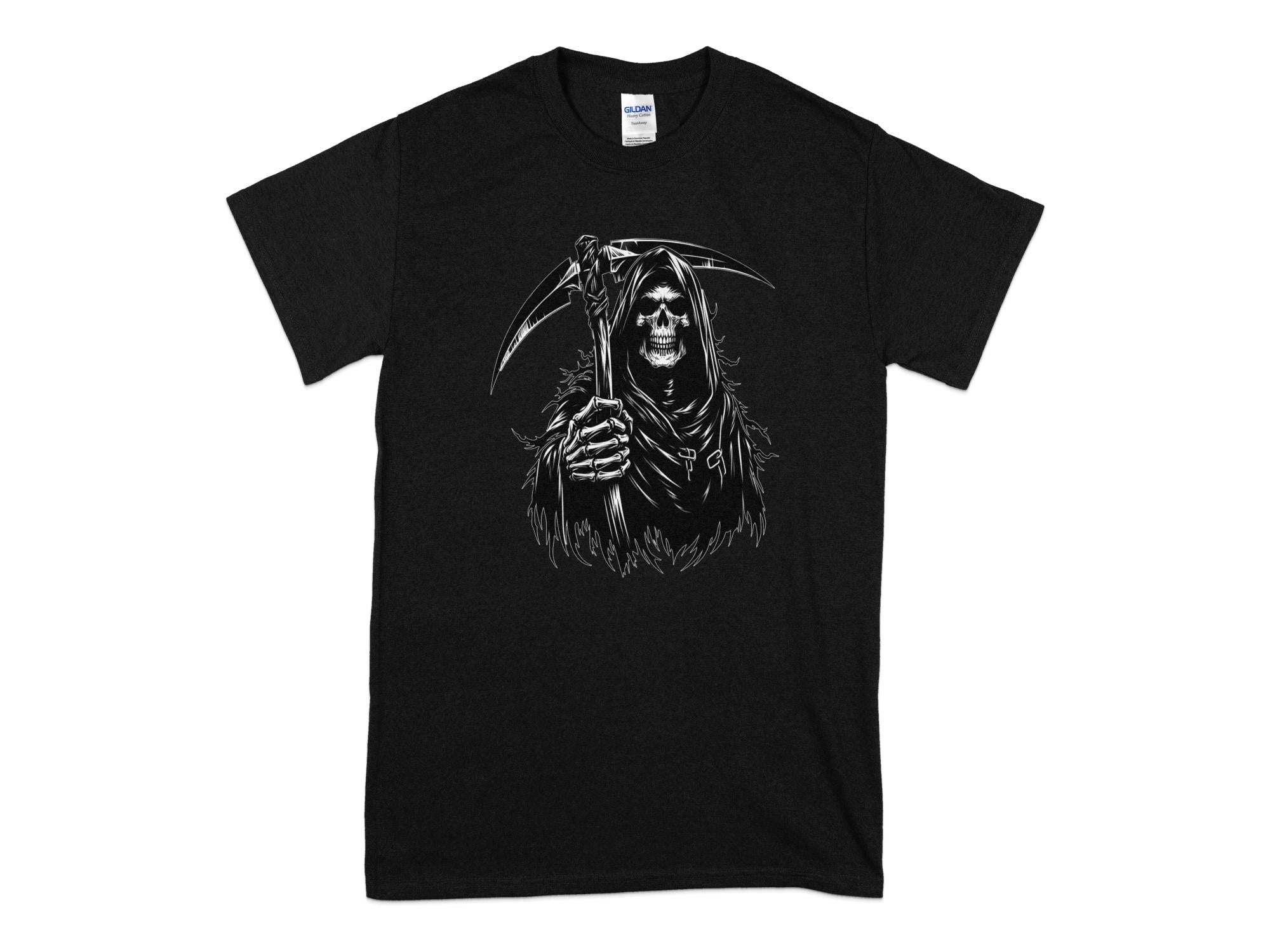 Grim Reaper - Black White Gildan T-Shirt Commemorative Talisman Unisex Tee Graphic Design