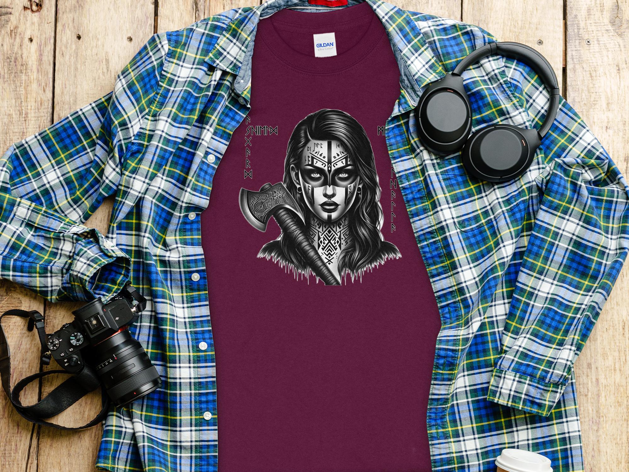 Viking Shield Maiden - Coloured Gildan Long Sleeve Realistic Norse Talisman Men Women Unisex Valhalla Tee Graphic Design