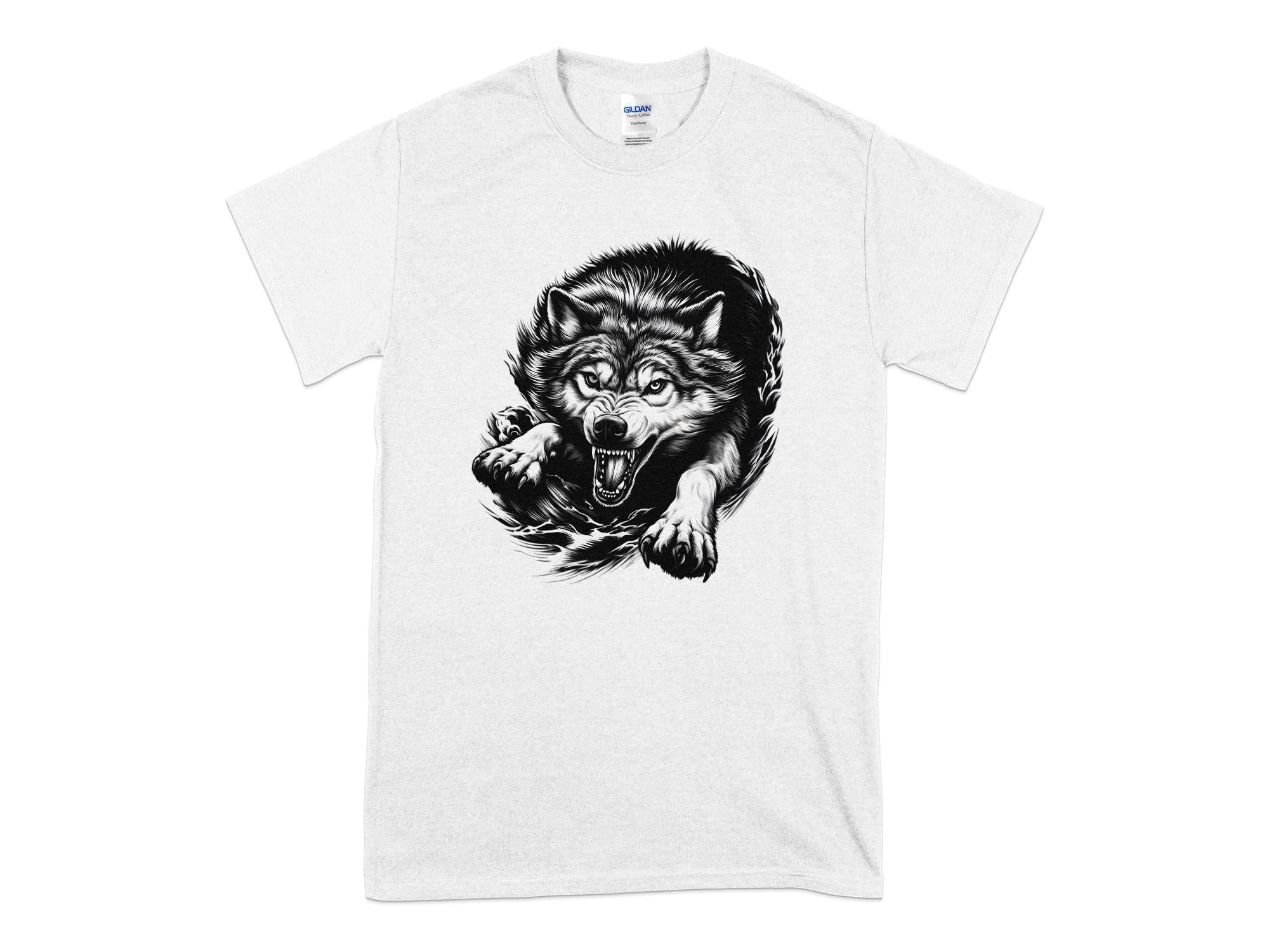 Wolf Tribal - Black White Gildan T-Shirt Realistic Animal Talisman Unisex Tee Graphic Design