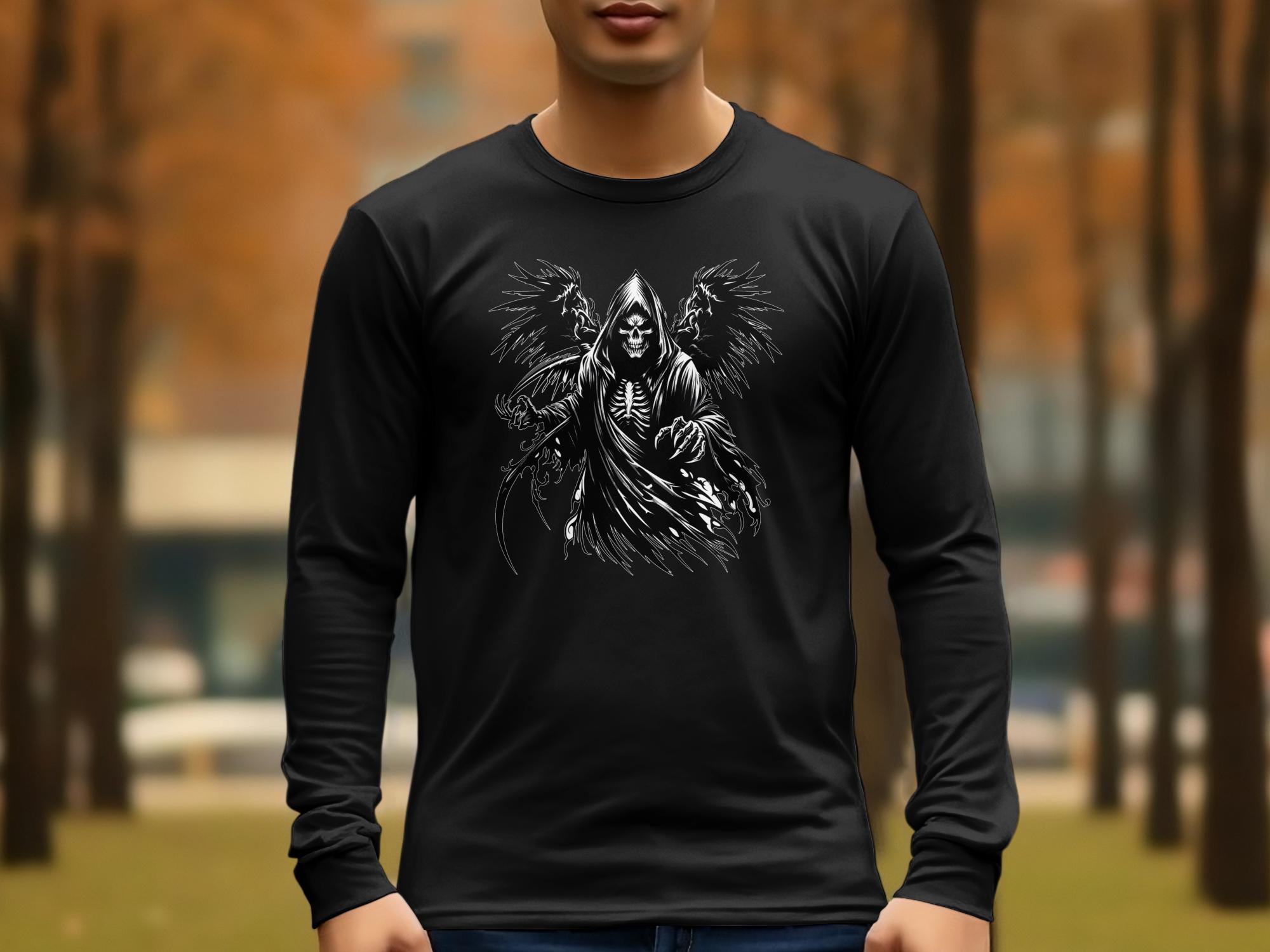 Grim Reaper - Black White Gildan Long Sleeve Commemorative Talisman Unisex Tee Graphic Design