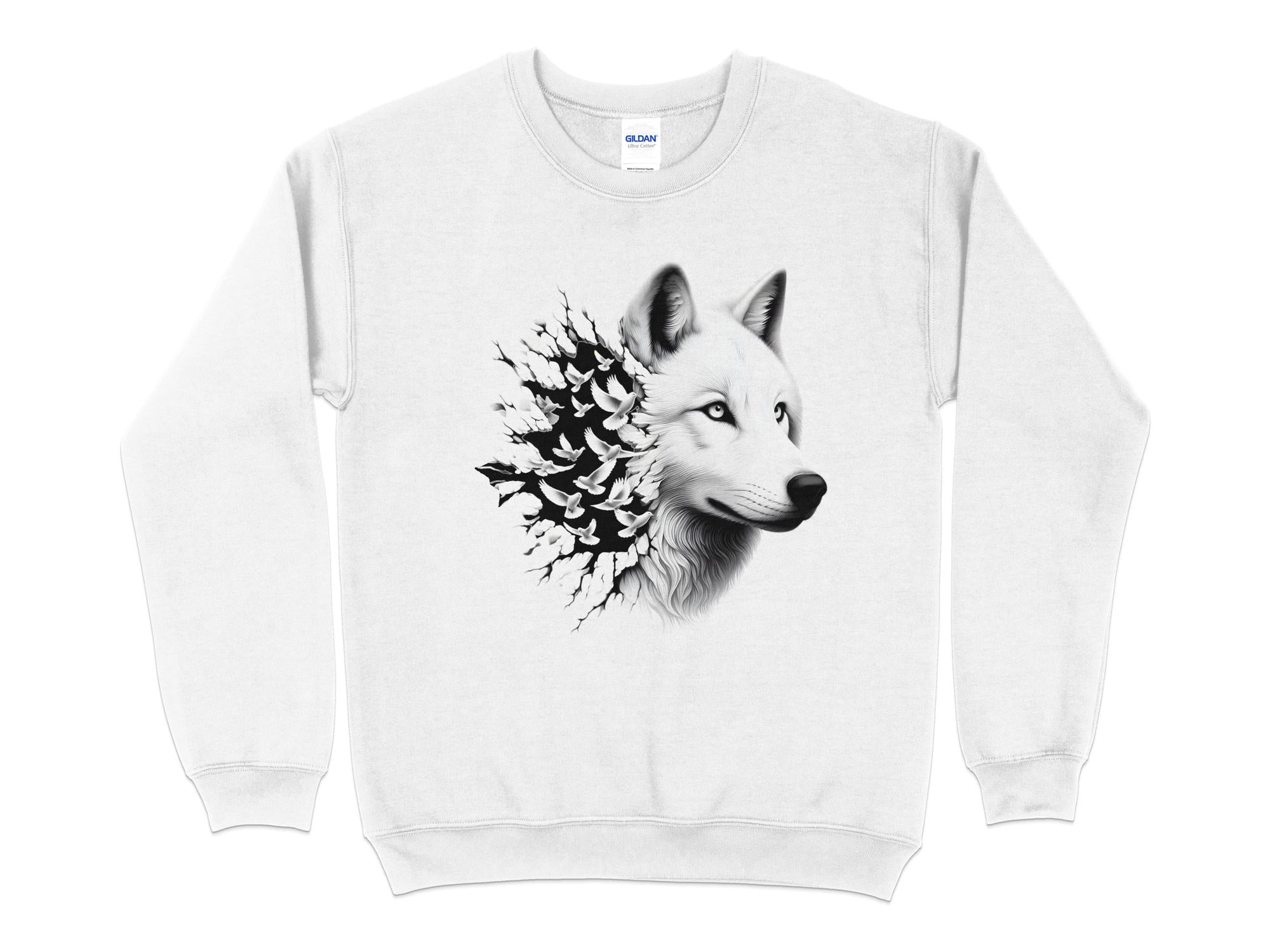 Wolf x Doves - Black White Gildan Sweatshirt Realistic Animal Talisman Unisex Tee Graphic Design