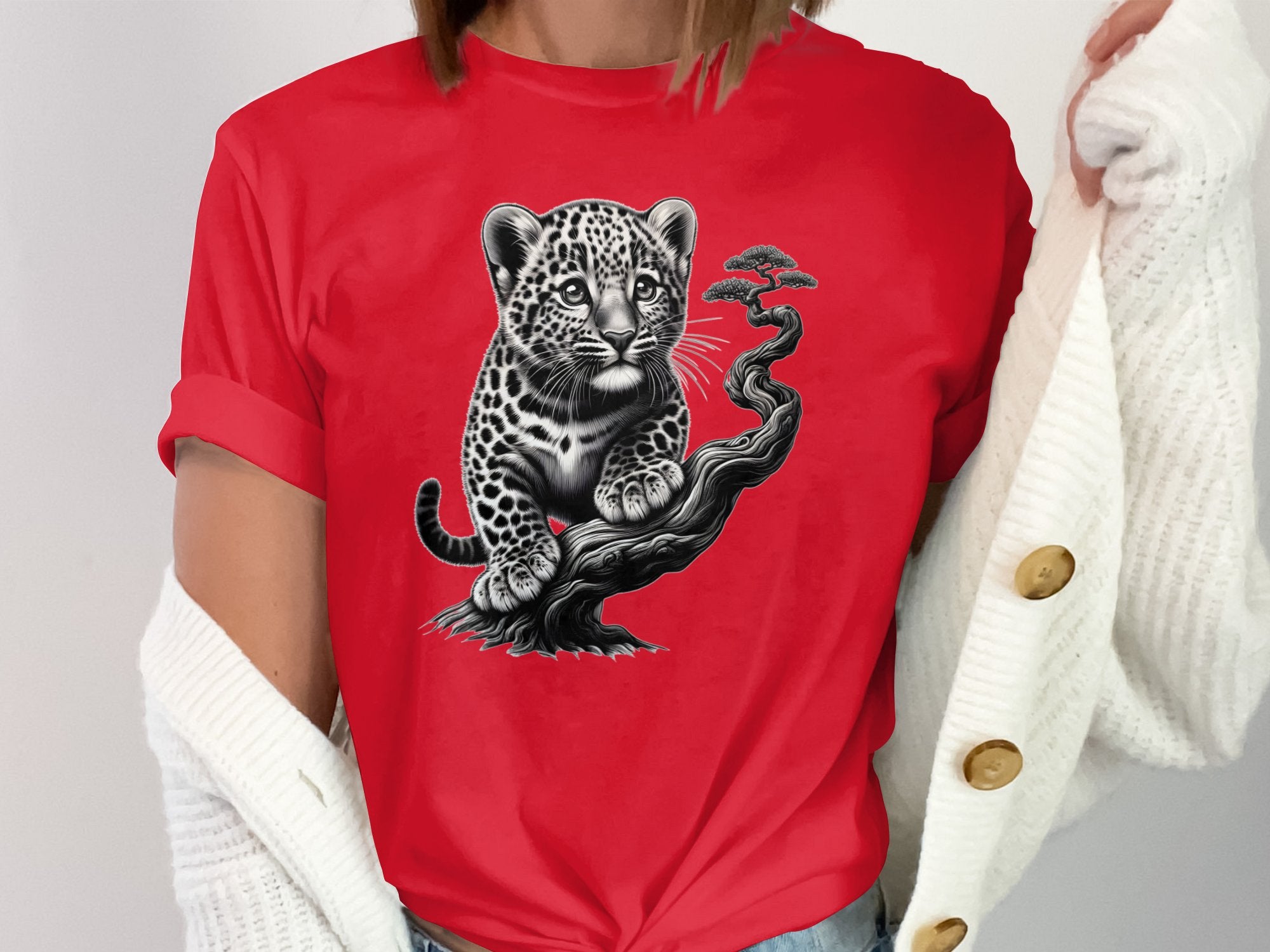 Leopard Bonsai - Coloured Gildan T-Shirt Realistic Animal Talisman Unisex Cute Tee Graphic Design