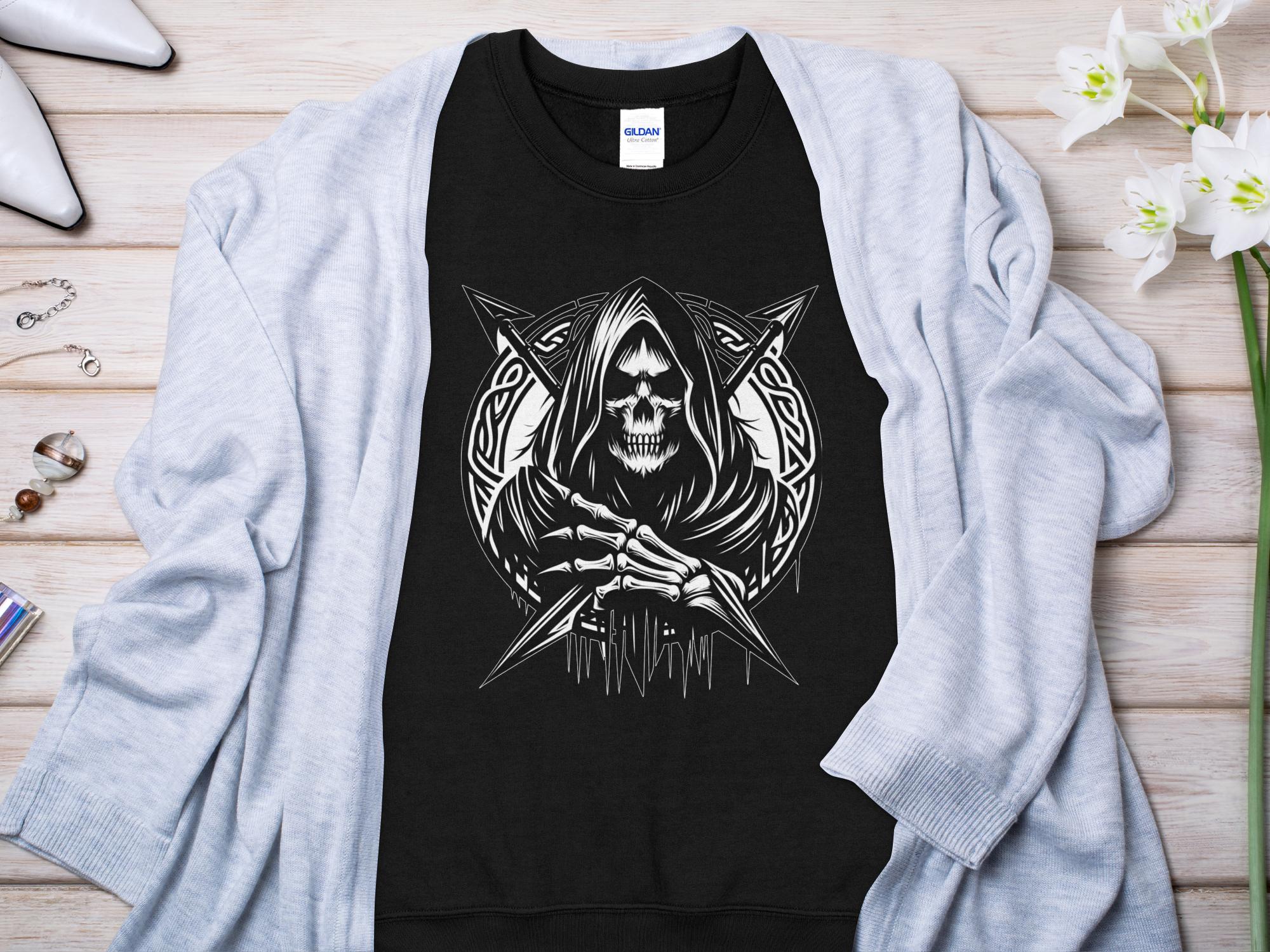 Grim Reaper - Black White Gildan Sweatshirt Commemorative Talisman Unisex Tee Graphic Design