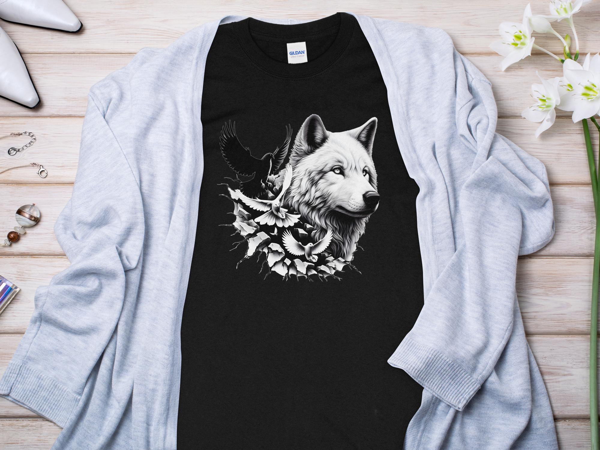 Wolf x Doves - Black White Gildan Long Sleeve Realistic Animal Talisman Unisex Tee Graphic Design