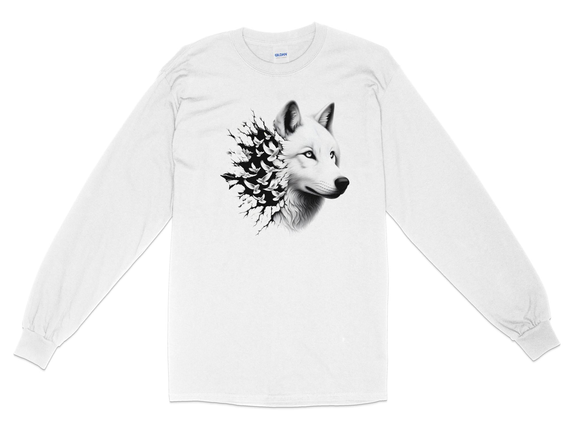 Wolf x Doves - Black White Gildan Long Sleeve Realistic Animal Talisman Unisex Tee Graphic Design