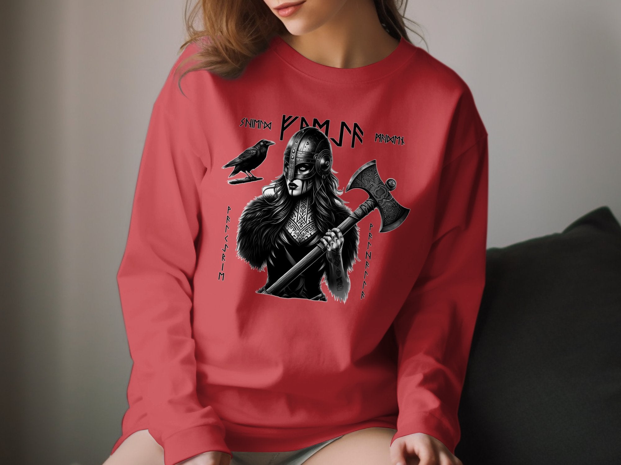 Viking Shield Maiden - Coloured Gildan Long Sleeve Realistic Norse Talisman Men Women Unisex Valhalla Tee Graphic Design