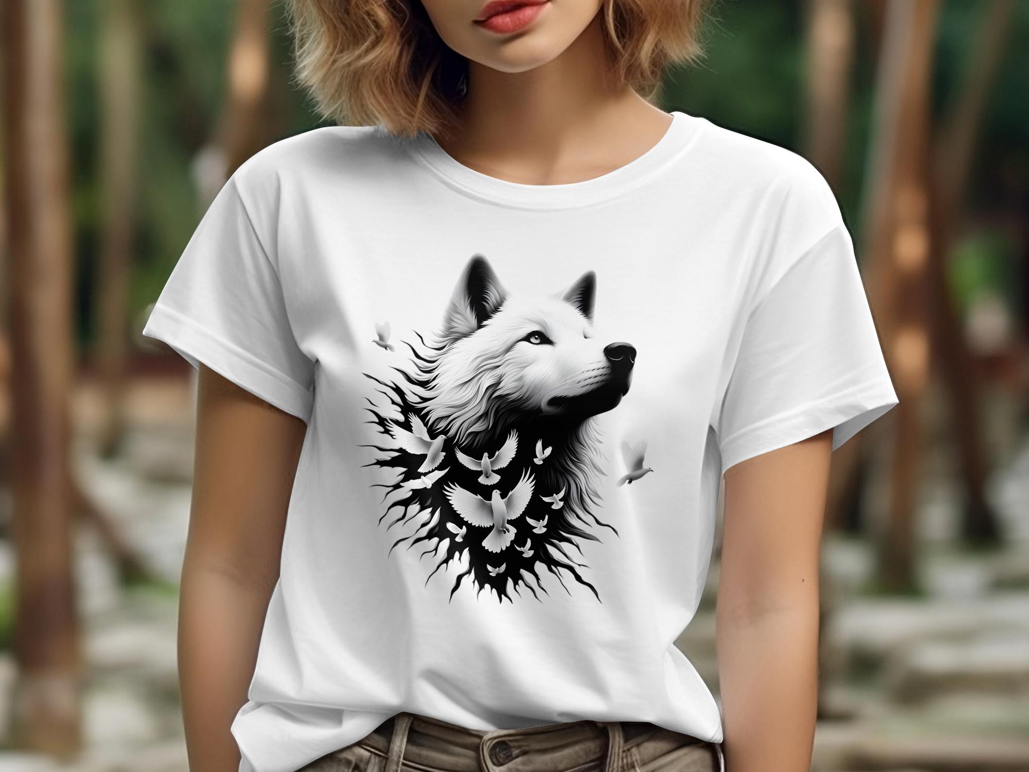 Wolf x Doves - Black White Gildan T-Shirt Realistic Animal Talisman Unisex Tee Graphic Design